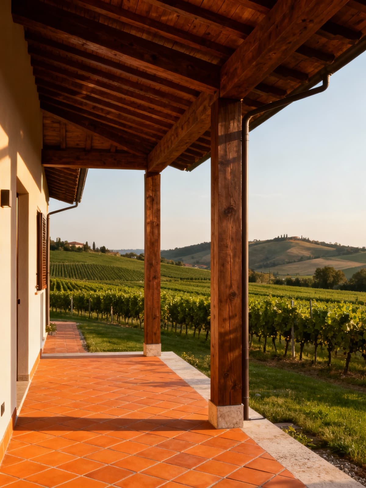 Charming countryside villa in Alessandria, Piemonte, featuring elegant wood and terracotta design, surrounded by lush vineyards.