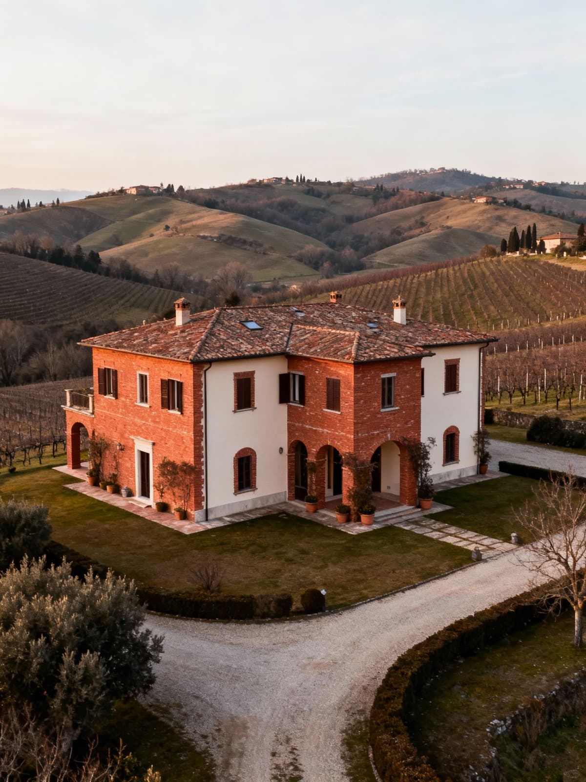 Luxurious villa in the Lucca countryside, surrounded by rolling hills and vineyards, showcasing warm colors and elegant architecture.