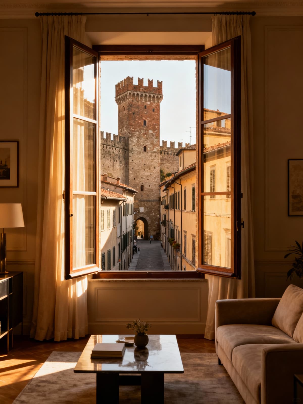 Luxurious apartment in Lucca's historic center, showcasing traditional materials and modern comfort, bathed in warm morning light.