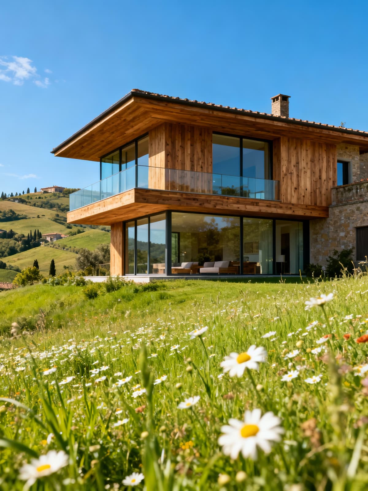 Exclusive villa nestled among the scenic hills of Pistoia, Tuscany, featuring natural wood and glass design in a tranquil landscape.