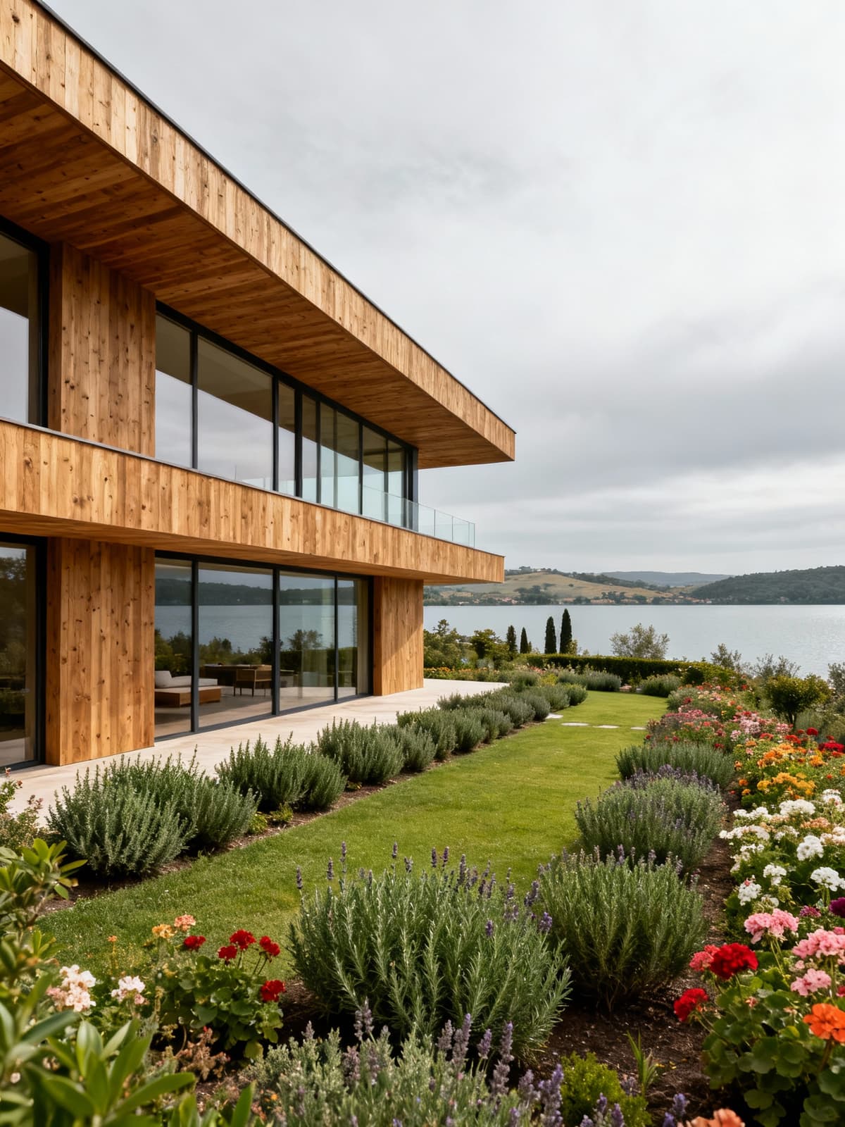 Luxury villa nestled among Umbrian lakes, featuring large windows, natural wood facade, and a serene garden with colorful flowers.