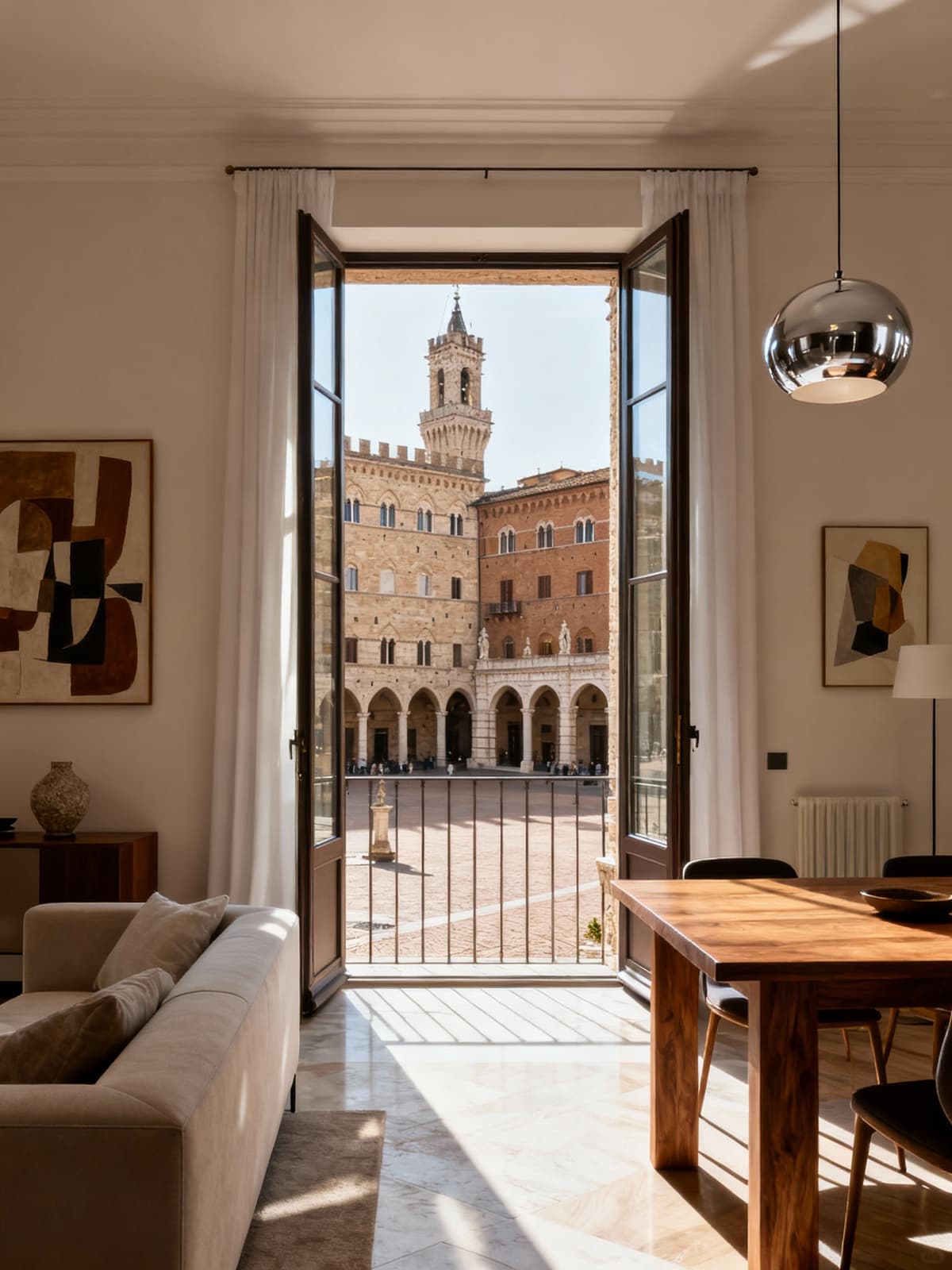 Luxurious apartment in Siena overlooking a historic square, featuring elegant interiors and contemporary design bathed in morning light.