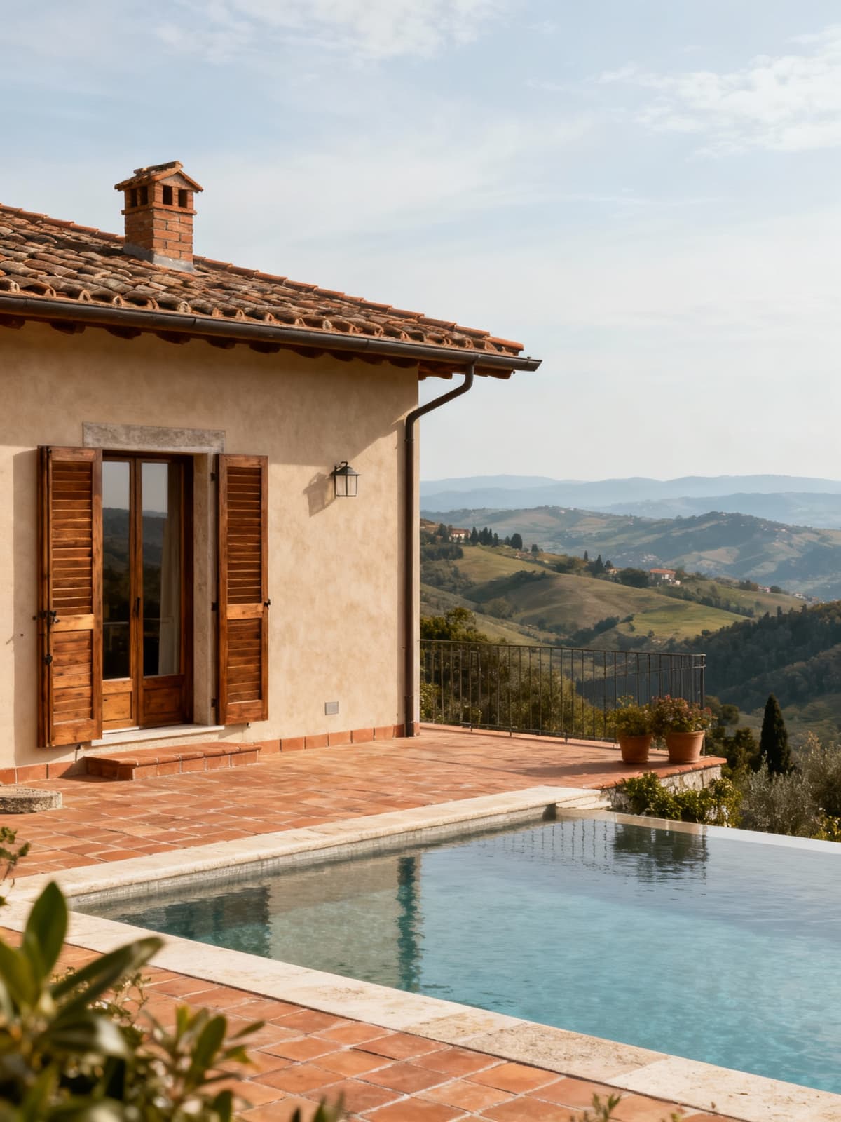 Charming villa nestled in Massa-Carrara hills, showcasing terracotta and wood finishes with breathtaking Tuscan landscape views.