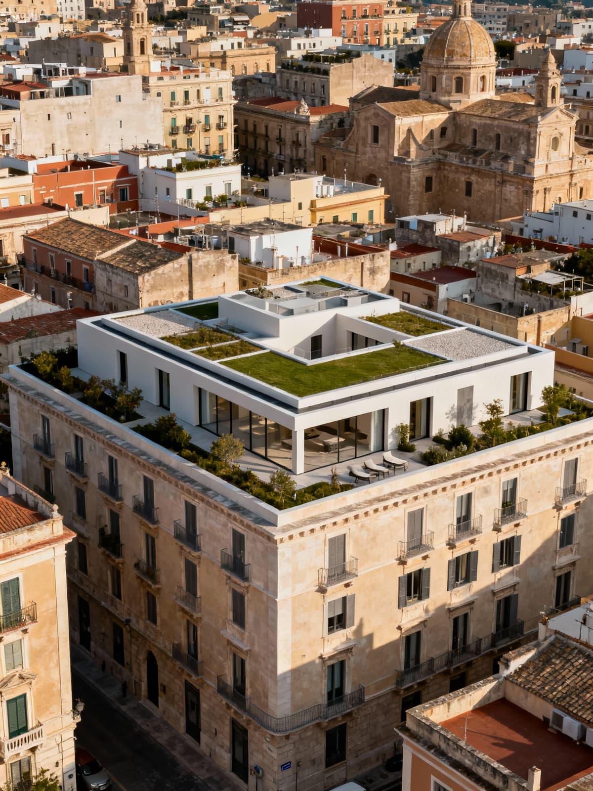 Elegante residenza urbana a Cagliari, vista aerea che unisce modernità e storia nel cuore della città sarda.