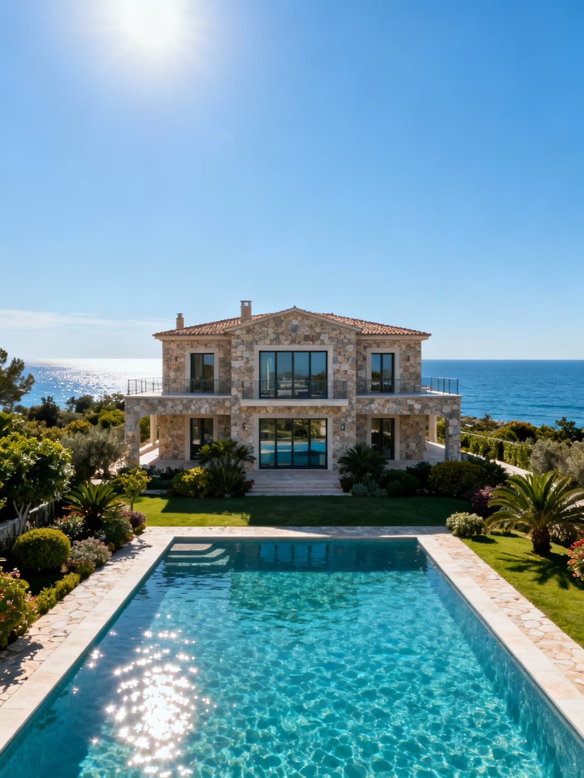 Villa di lusso con vista sul mare cristallino della Calabria, circondata da giardini lussureggianti e piscine scintillanti.