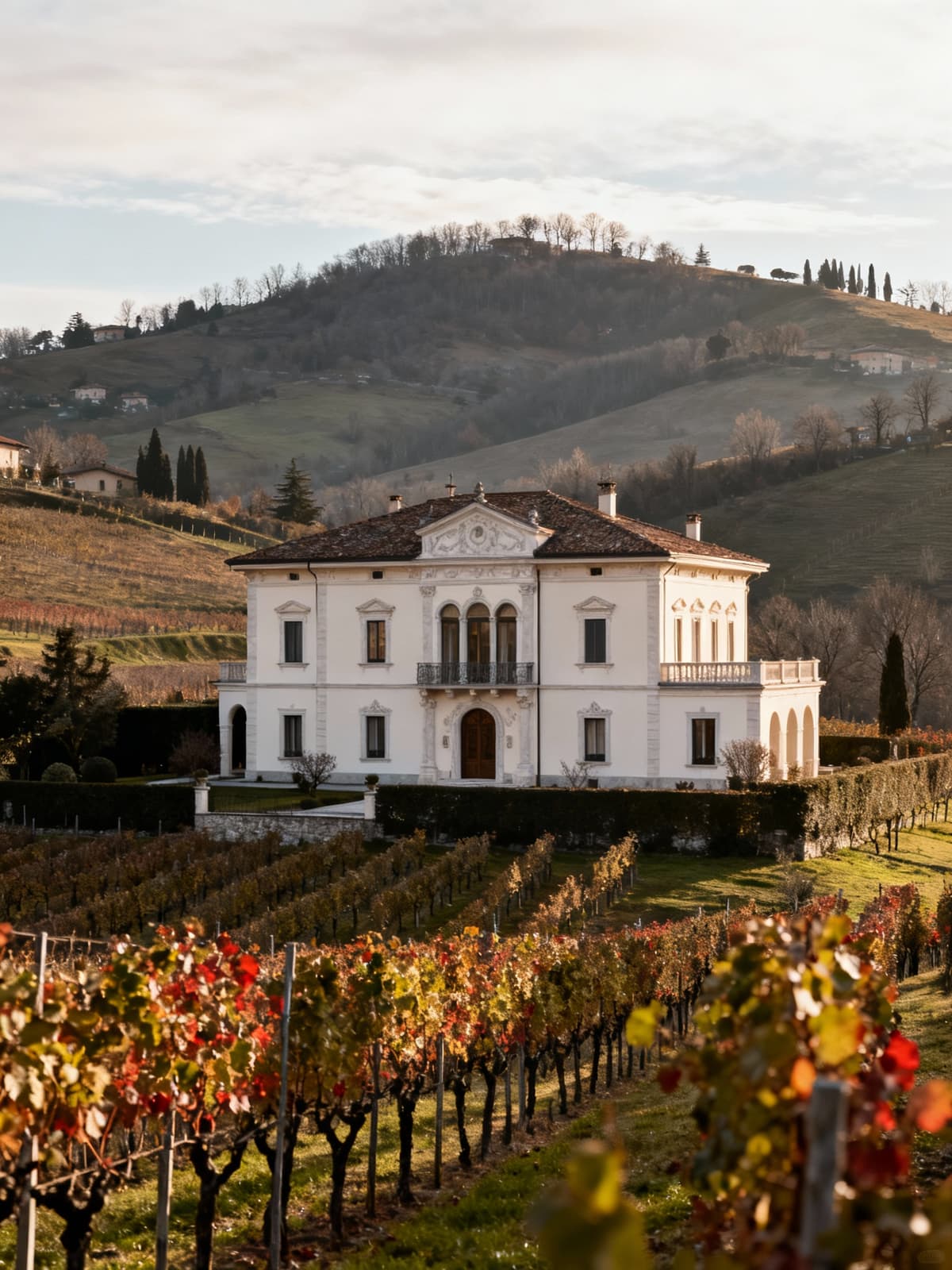 Residenza elegante nella campagna bresciana, circondata da vigneti e colline, con luce invernale che evoca serenità.
