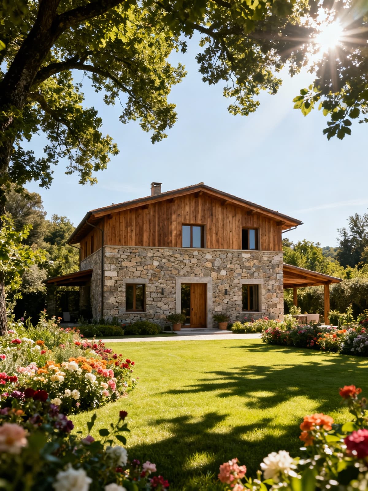 Villa esclusiva in Versilia, facciata in pietra grezza, giardino fiorito e luce naturale tra alberi, rifugio di lusso.