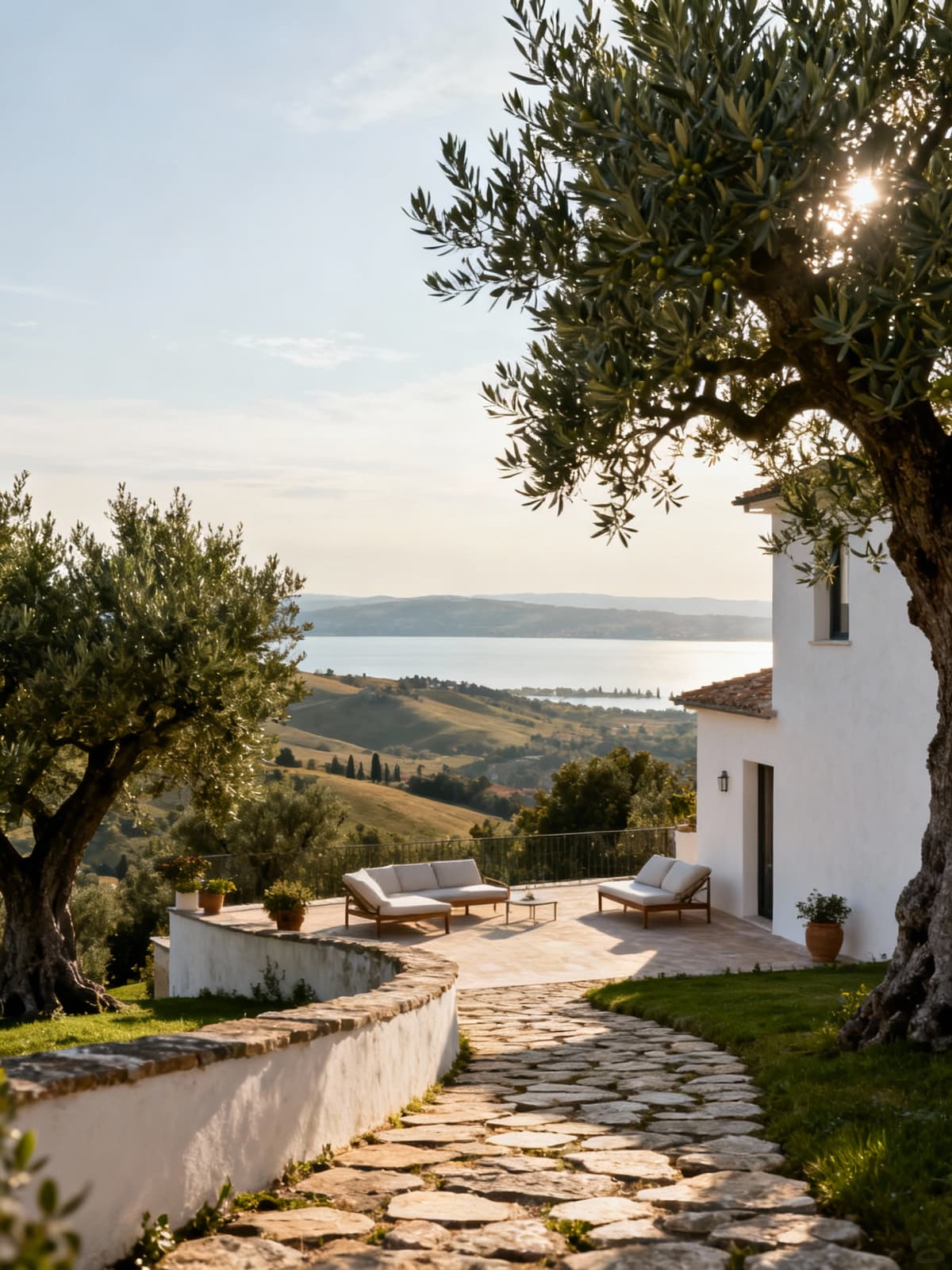 Ville di lusso tra colline umbre e Trasimeno, con terrazze panoramiche e uliveti secolari, in un'atmosfera serena.