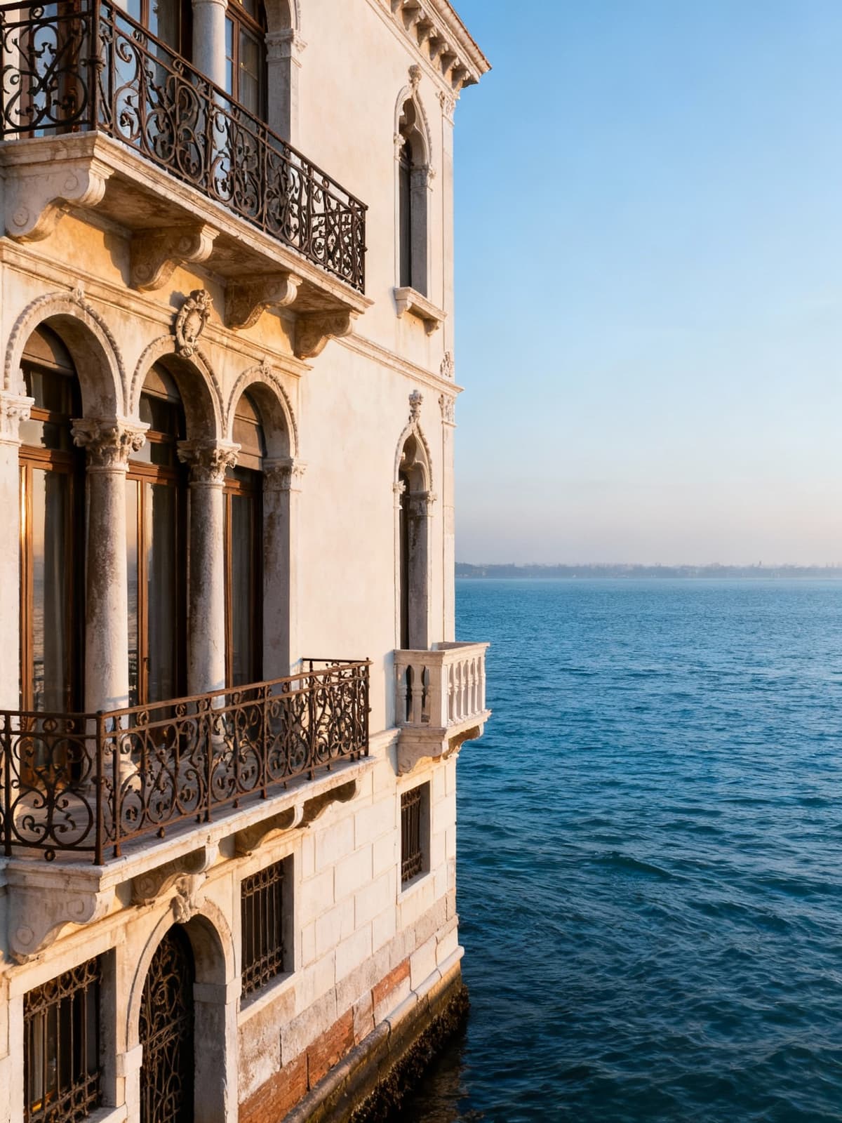 Ville storiche affacciate sulla Laguna di Venezia, con eleganti balconi e mare Adriatico sullo sfondo, illuminati dalla luce invernale.