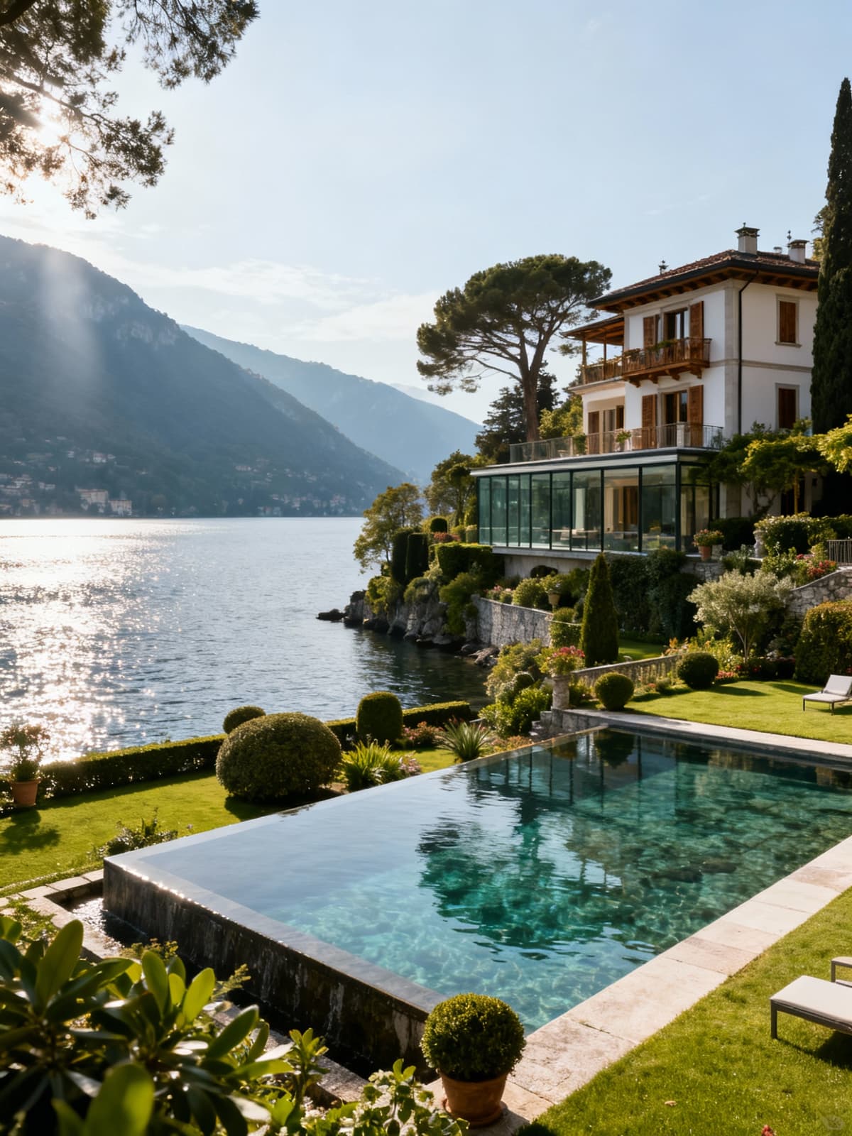 Prestigious villas overlooking the picturesque shores of Lake Como, showcasing lush gardens and elegant architecture.