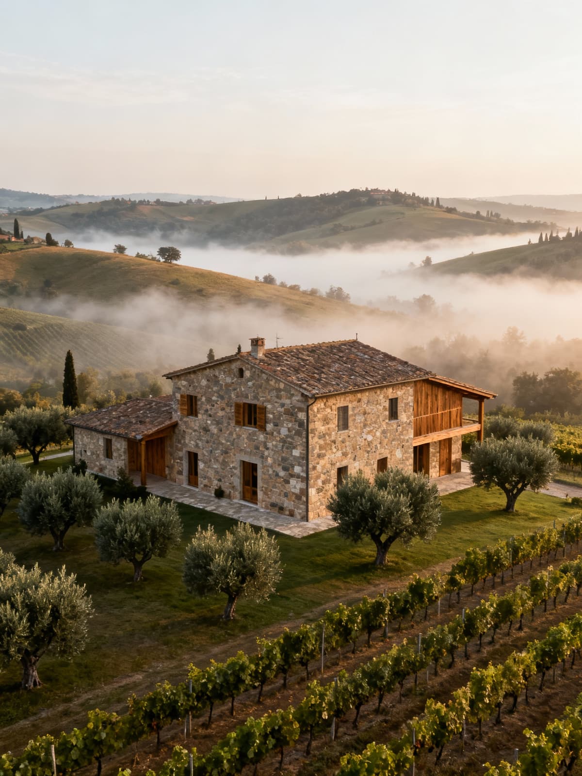 Casale rustico di prestigio nella Versilia toscana, immerso tra uliveti e vigneti, avvolto da una leggera nebbia mattutina.