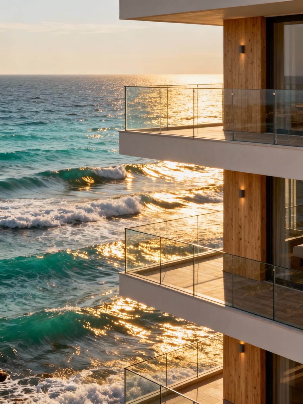 Appartamenti di lusso con vista mare a Livorno, balconi in vetro e dettagli in legno, illuminati da un tardo pomeriggio.