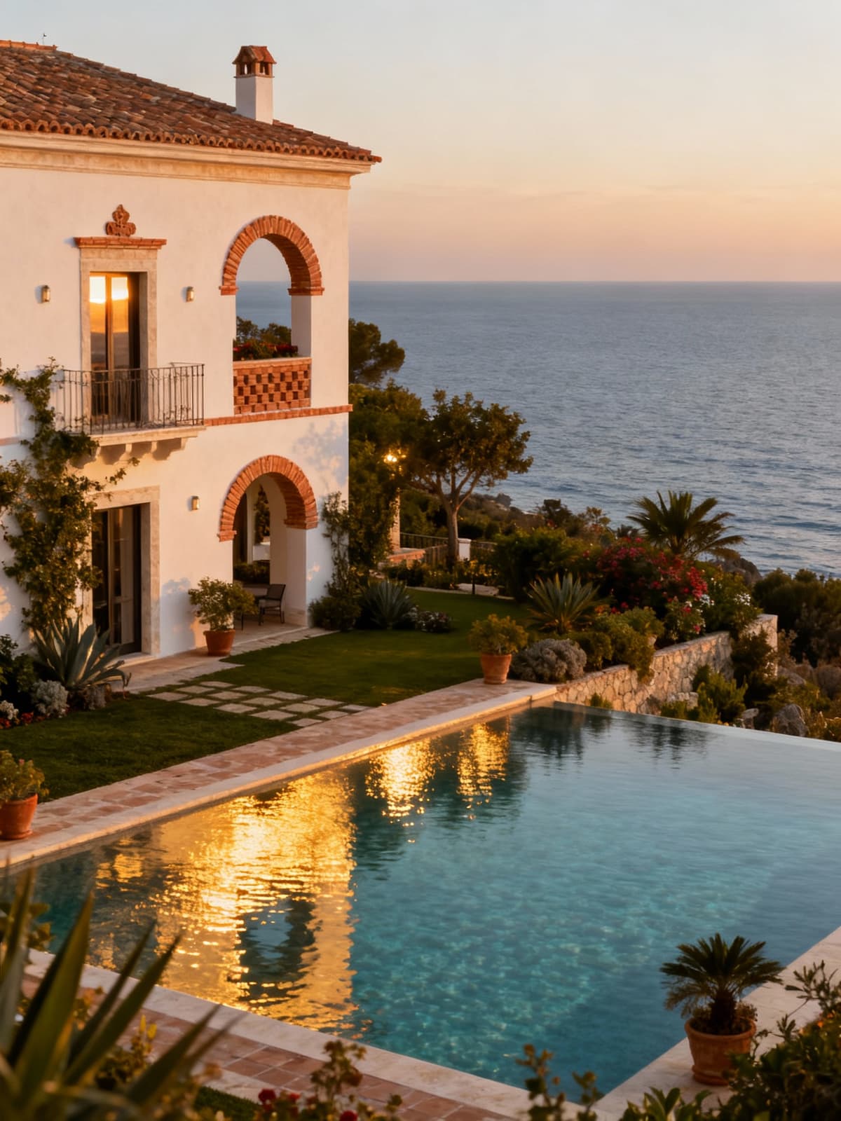 Luxury villa on the Calabrian coast overlooking crystal-clear sea, surrounded by lush gardens and sunset glow.