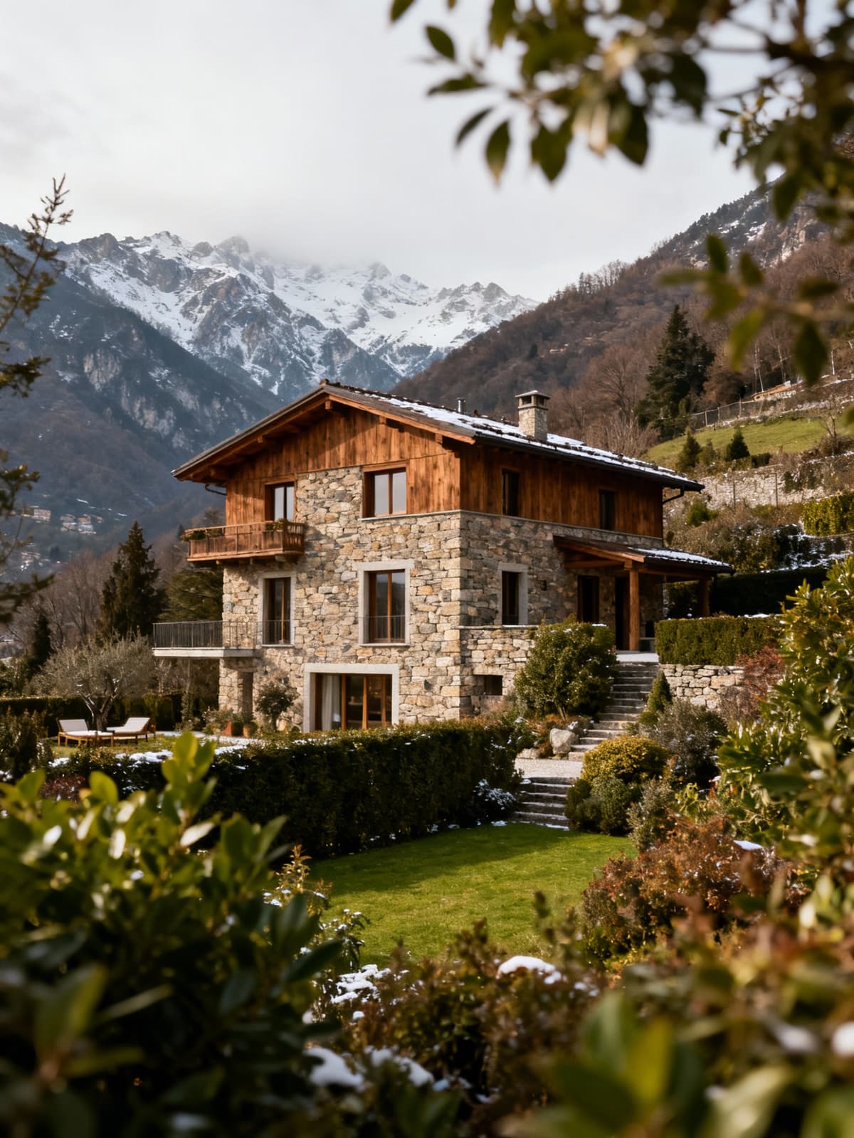 Exclusive villa nestled in the Lombardy mountains, featuring a stone and wood facade, surrounded by lush greenery and soft winter light.