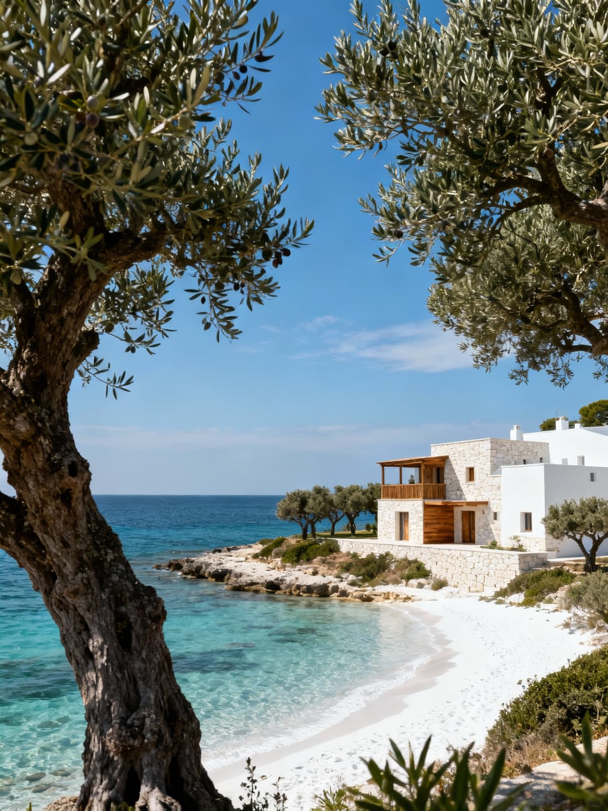 Case di lusso in pietra e legno affacciate su mare cristallino e spiagge di sabbia bianca in Puglia.