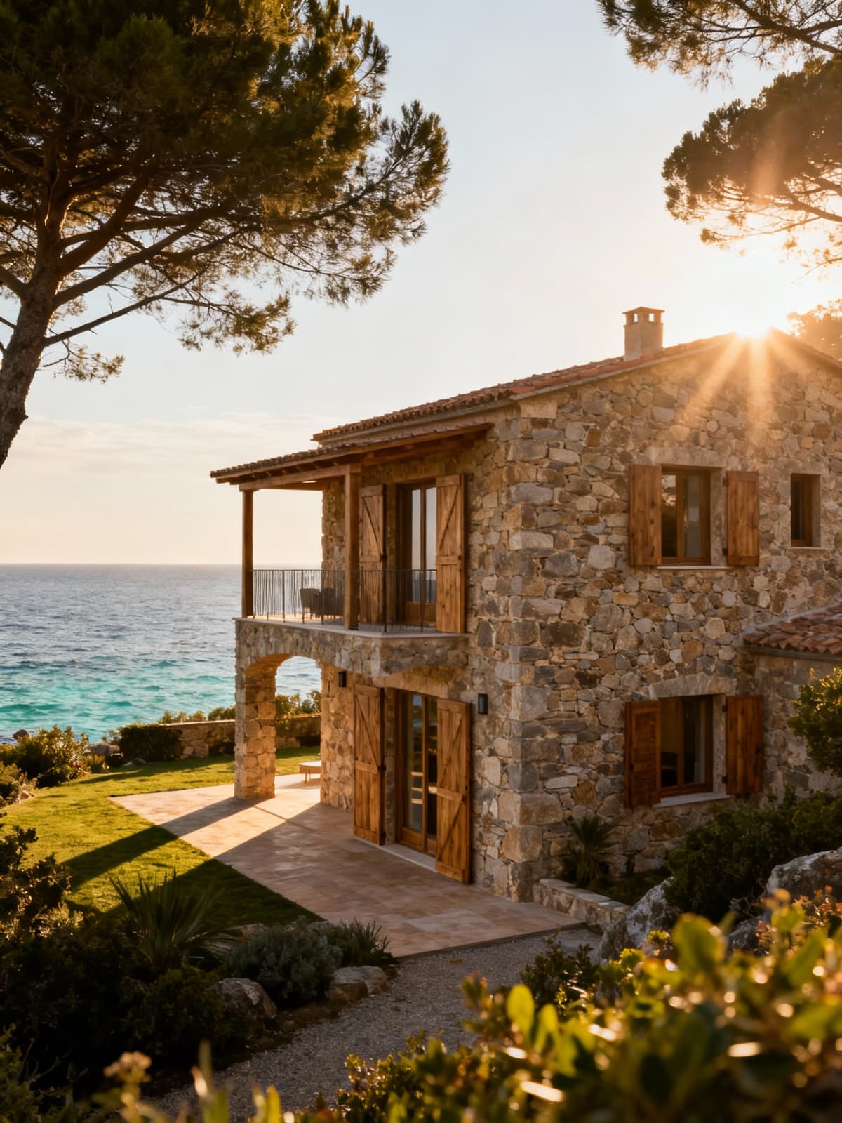 Luxury independent villa on the Tuscan coast, overlooking a crystal-clear sea and unspoiled nature, bathed in warm afternoon sunlight.