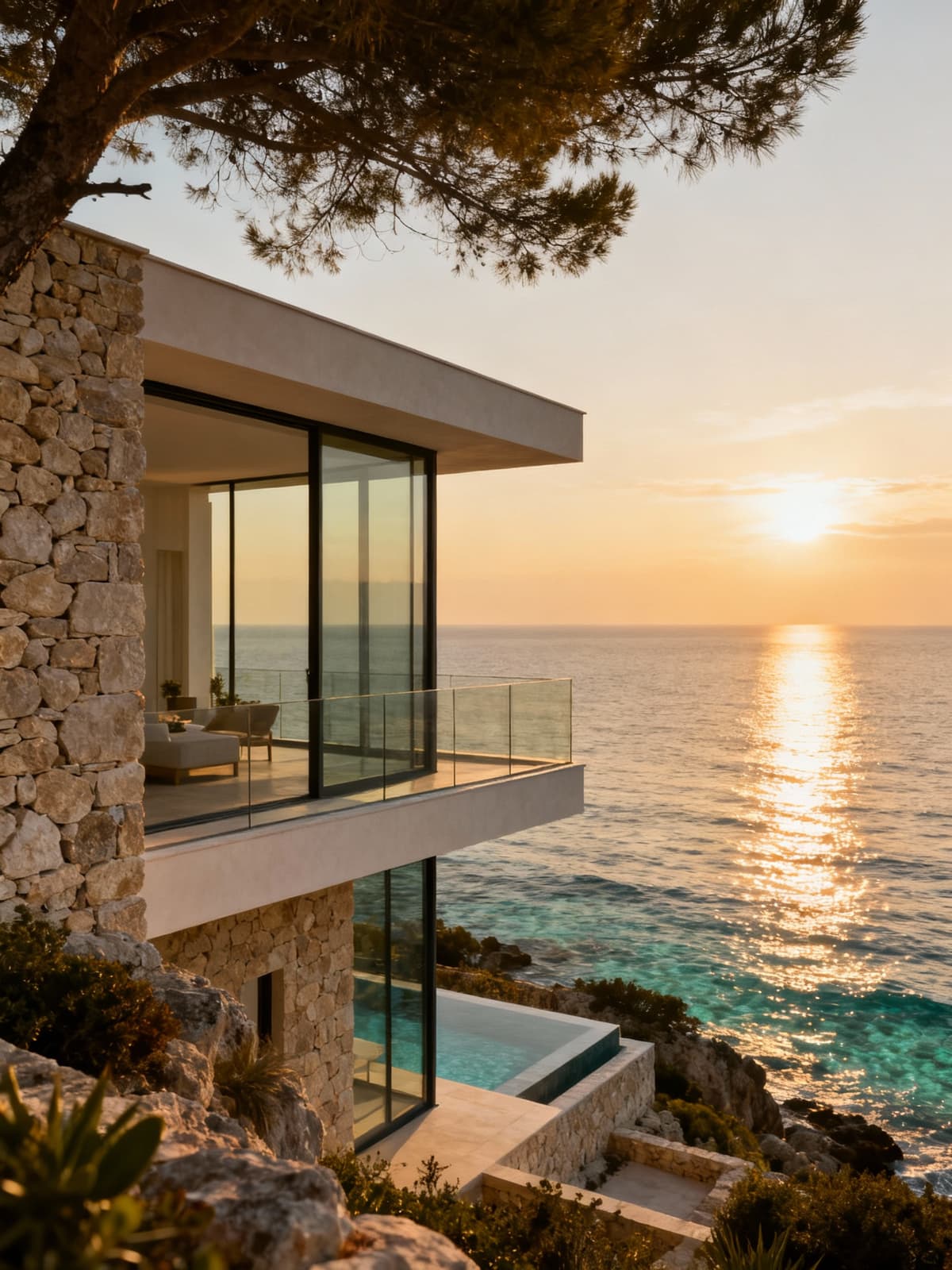 Luxury seafront villas on the pristine Lecce coast at dusk, showcasing modern glass and stone architecture amid serene nature.