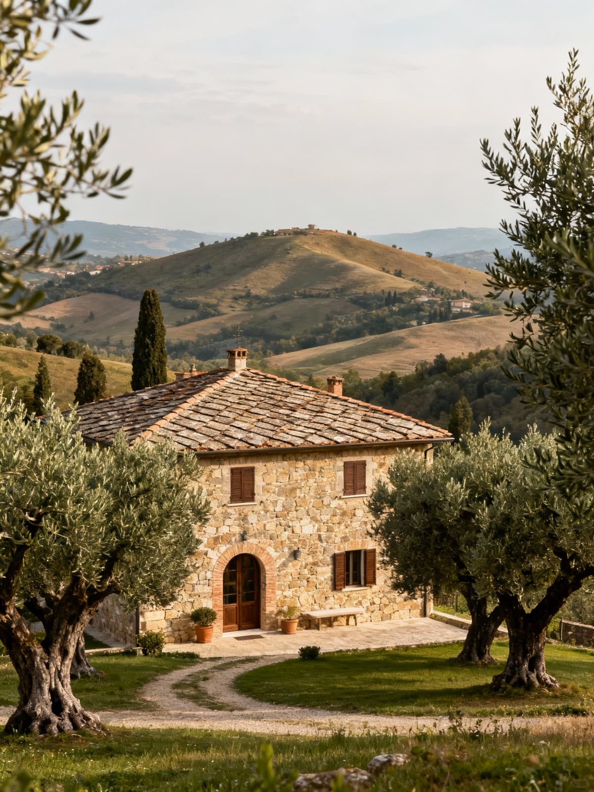 Charming rustic homes in Ragusa countryside, featuring stone facades and terracotta roofs amidst ancient olive groves.