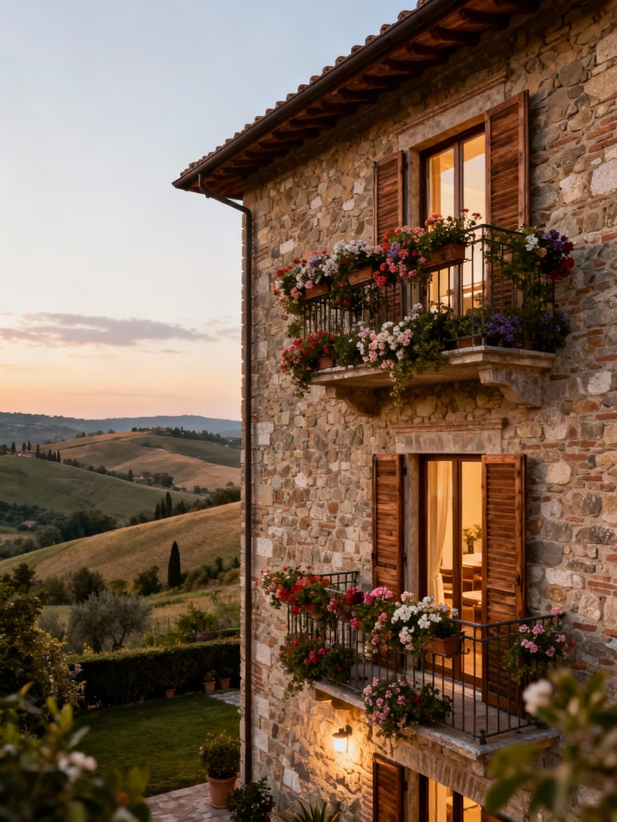 Charming apartment in the Prato countryside, featuring natural stone and wood, large windows, and flowering balconies in a serene setting.