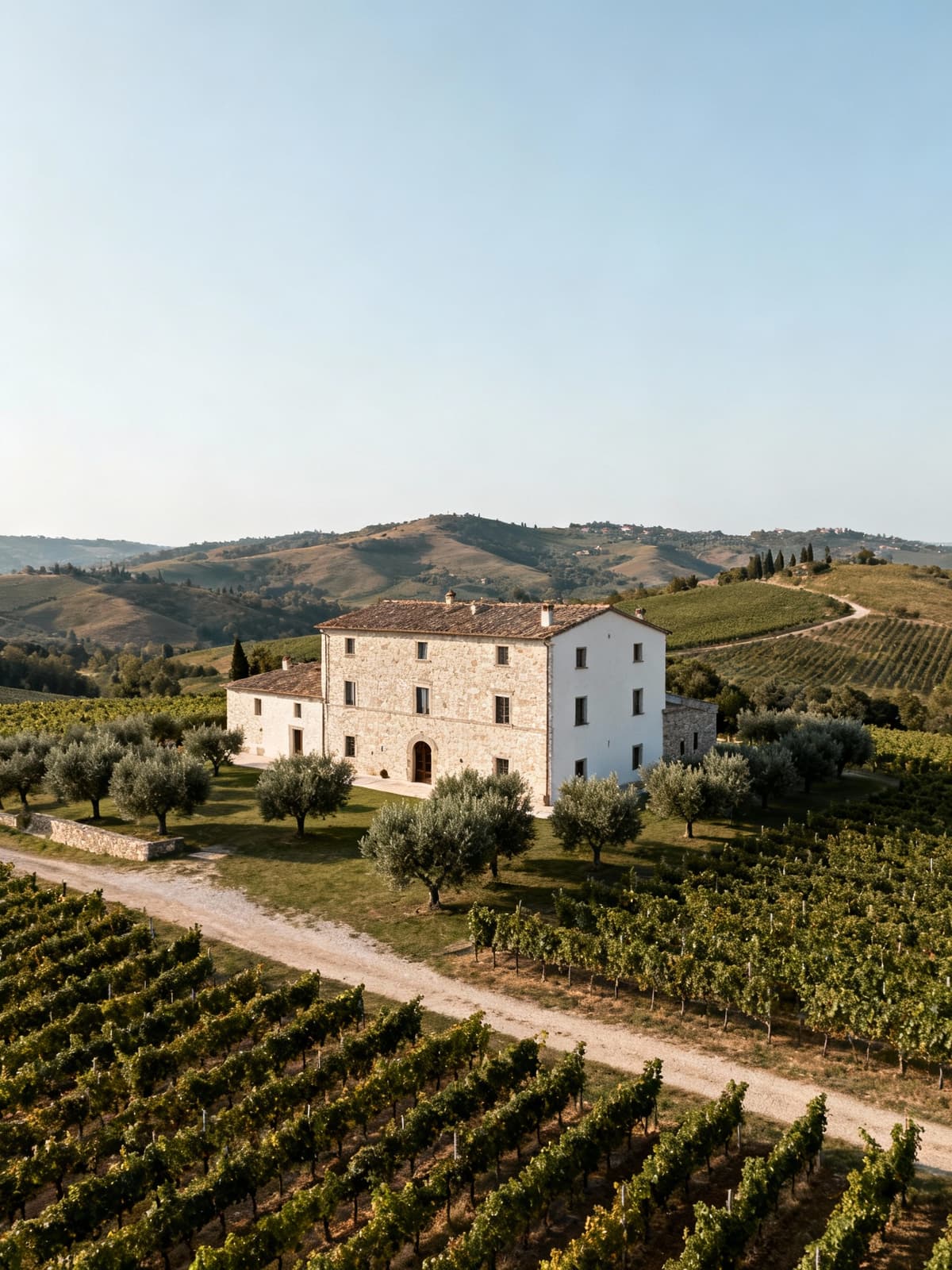 Prestigious farmhouse among the Lucca hills, surrounded by vineyards and olive groves in a serene Tuscan landscape.