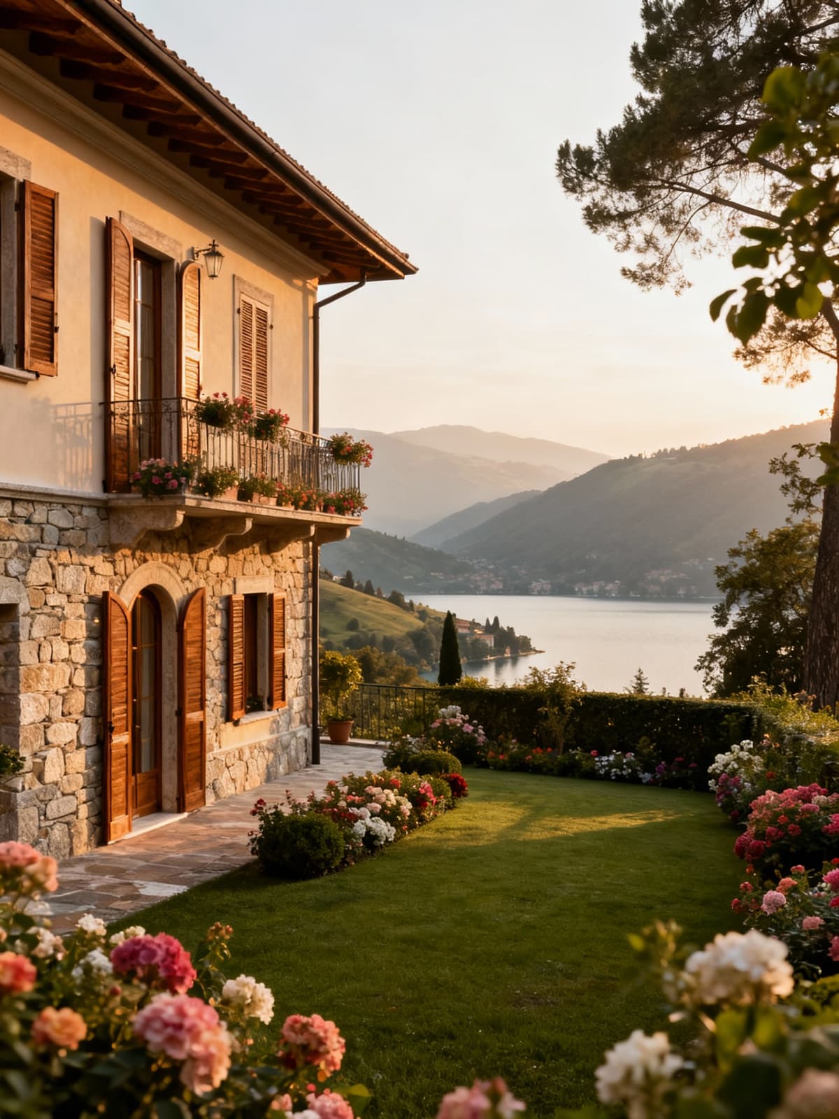 Luxury apartments in a villa surrounded by Lombardy's hills and lakes, featuring natural stone and wood, illuminated by morning light.