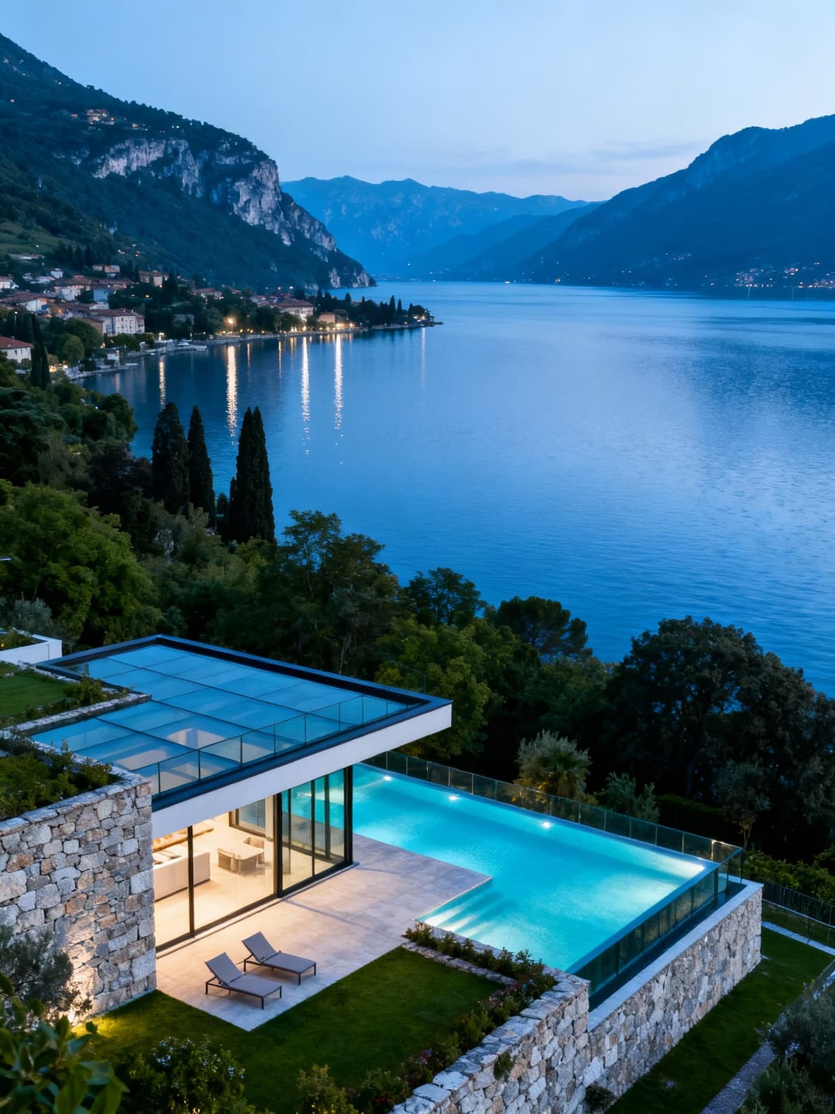 Exclusive lakeside residence in glass and stone overlooking Lake Garda, surrounded by serene greenery and stunning views.