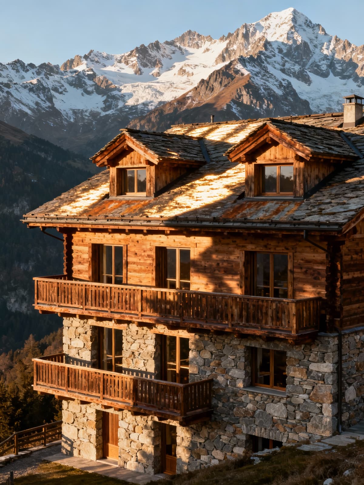 Luxury chalet nestled among alpine peaks with stunning mountain views, featuring wood and local stone, and warm afternoon light.