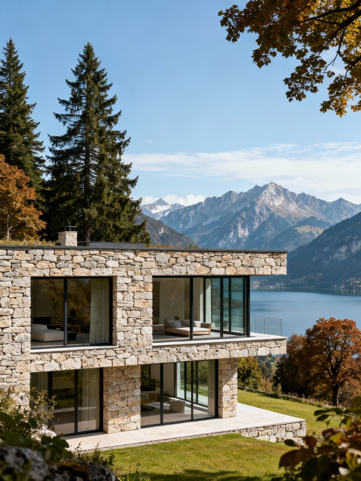 Ville di lusso tra i laghi alpini del Trentino-Alto Adige, con architettura elegante in pietra e vista panoramica.