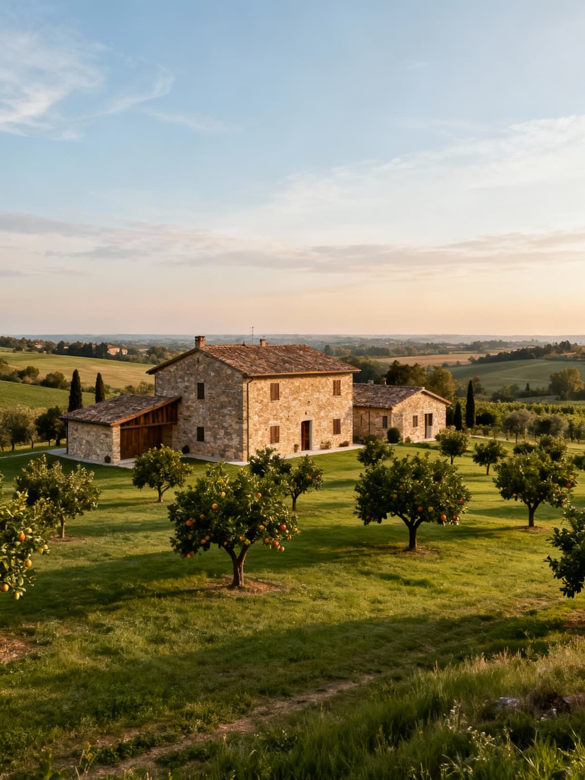 Rustici e casali affascinanti nella campagna di Forlì-Cesena, circondati da verde e frutteti sotto un cielo sereno.