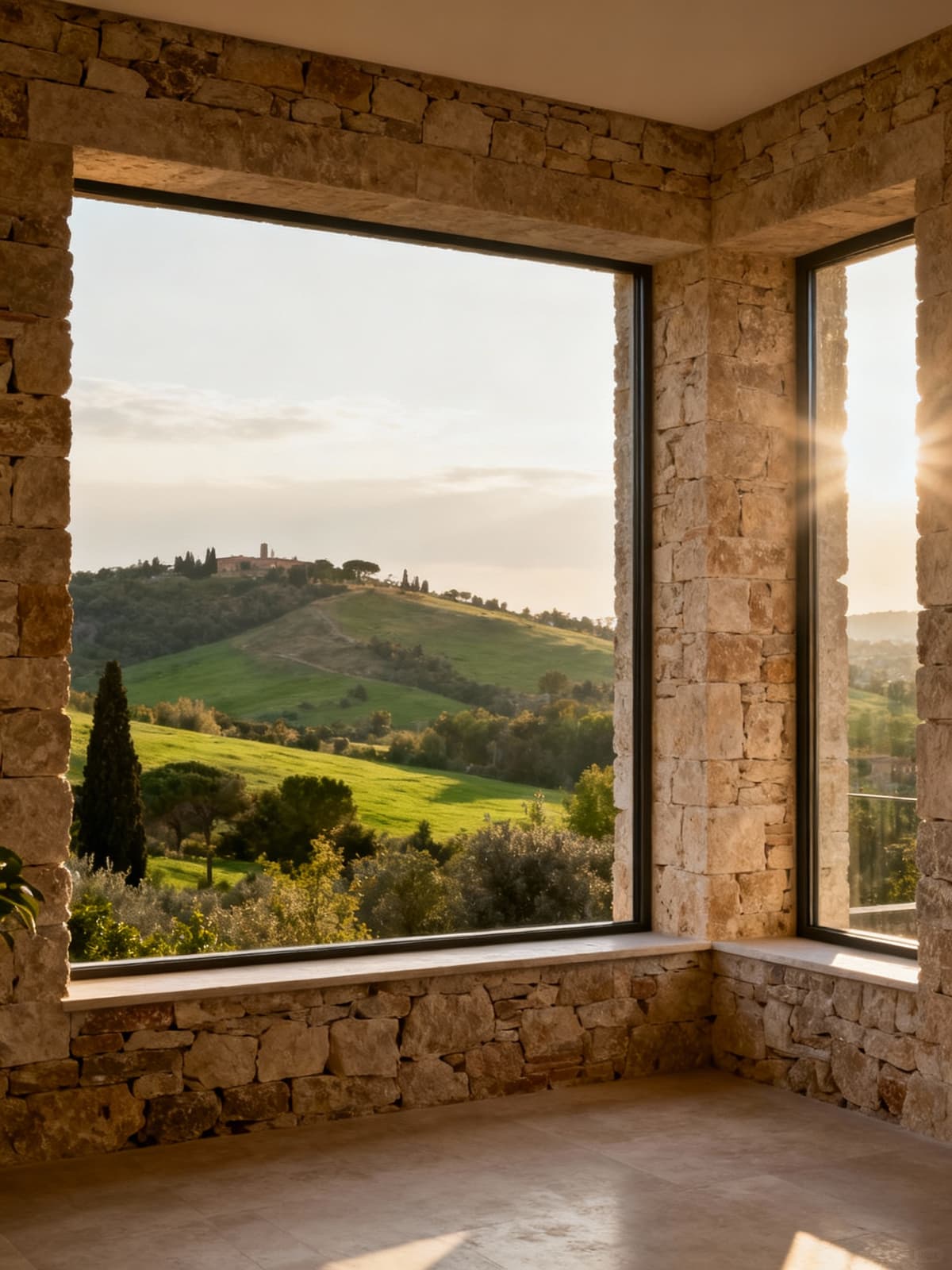 Elegant apartments in Roman countryside featuring stunning architecture and lush green hills, bathed in warm morning light.
