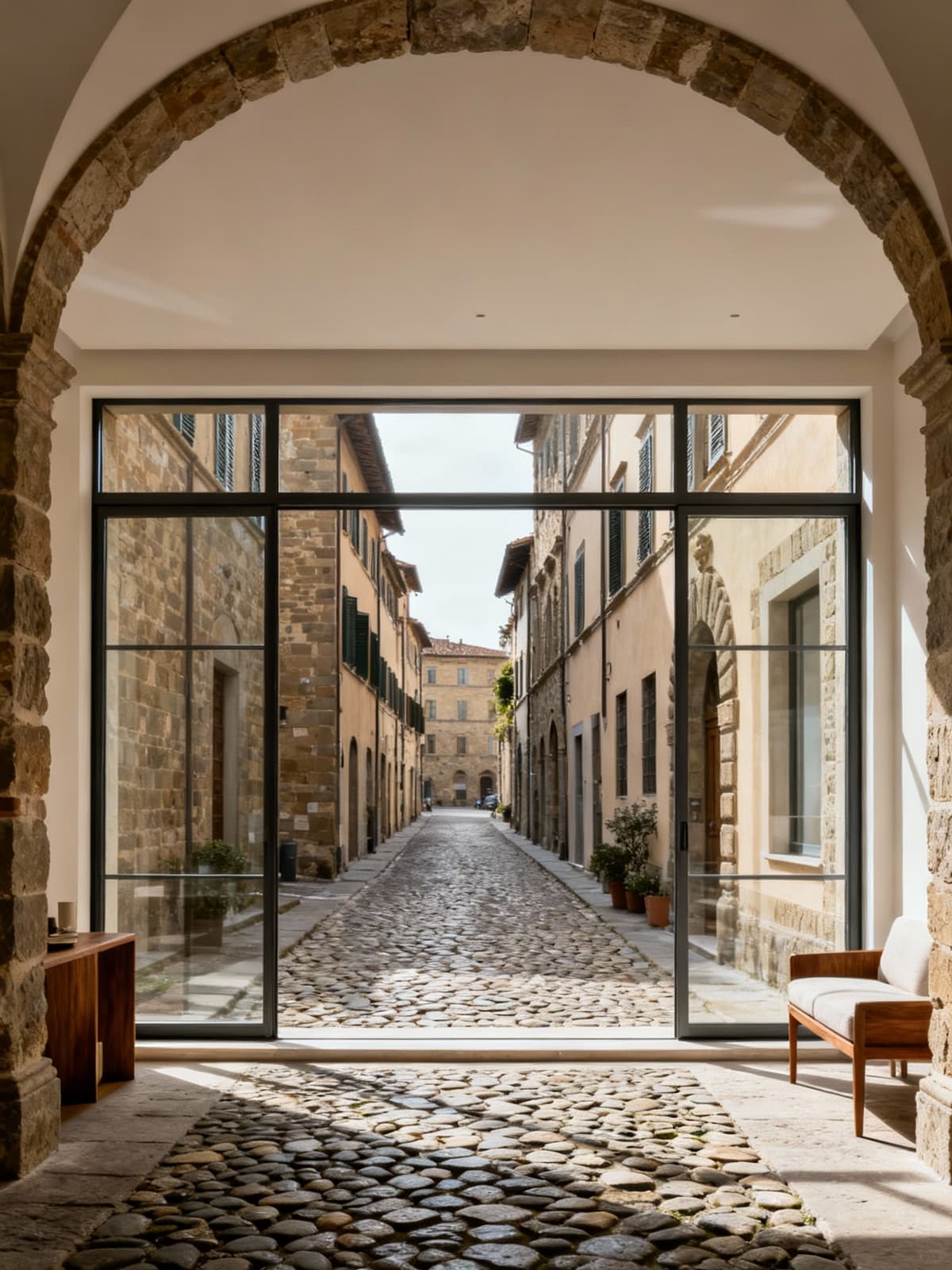 Elegant apartments in historic Prato, showcasing refined architectural details and modern ambiance with views of cobblestone streets.
