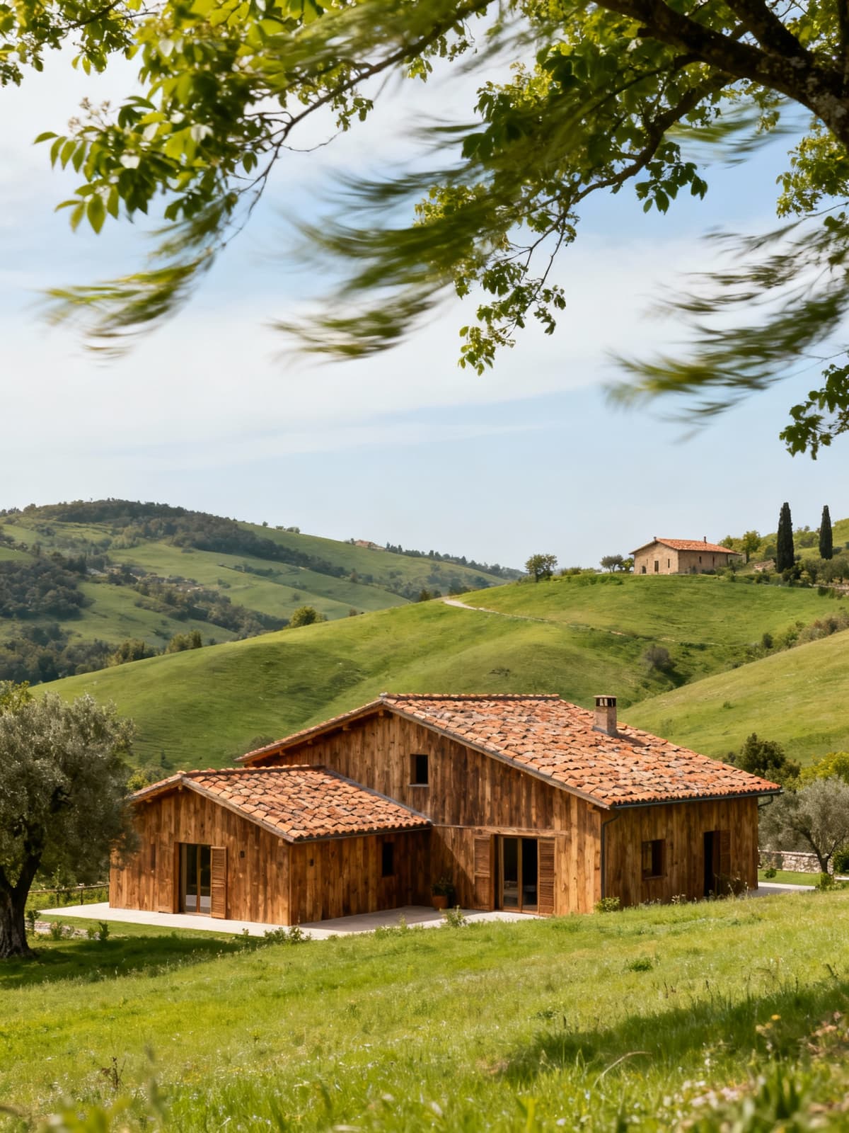 Charming rustic homes in the Brescia countryside, surrounded by lush hills and natural wood and terracotta materials.