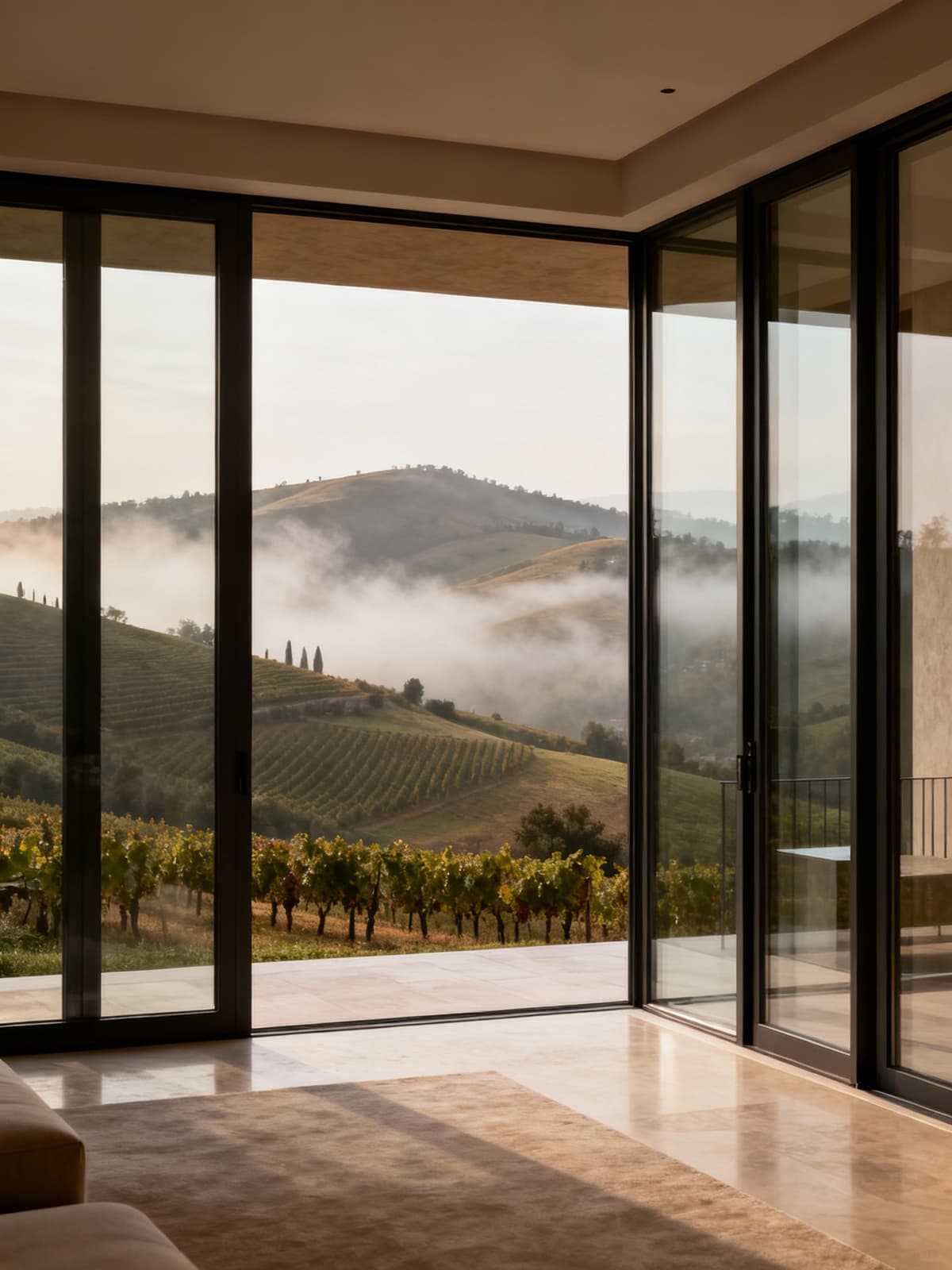 Appartamenti di lusso nelle campagne di Massa-Carrara, con colline verdi e vigneti avvolti da leggera nebbia mattutina.