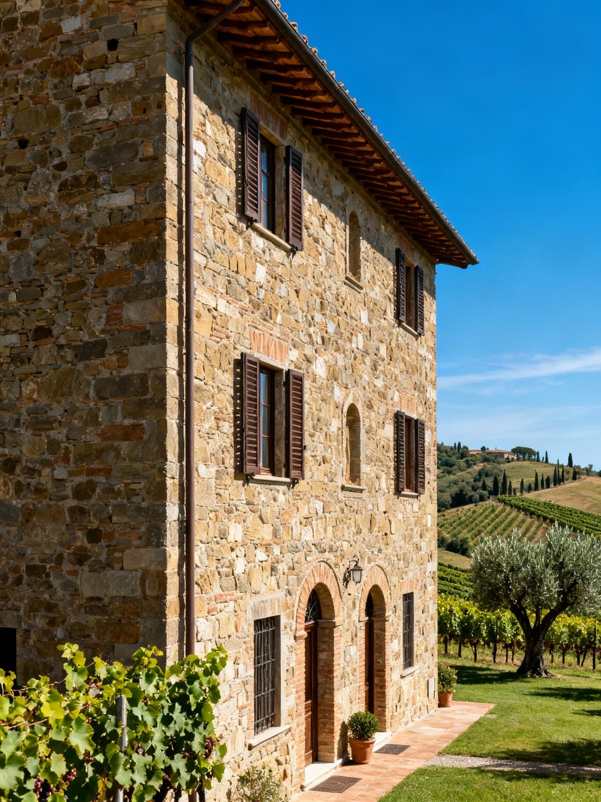 Tuscan farmhouse surrounded by lush vineyards and olive groves, showcasing traditional stone and wood architecture against a clear blue sky.