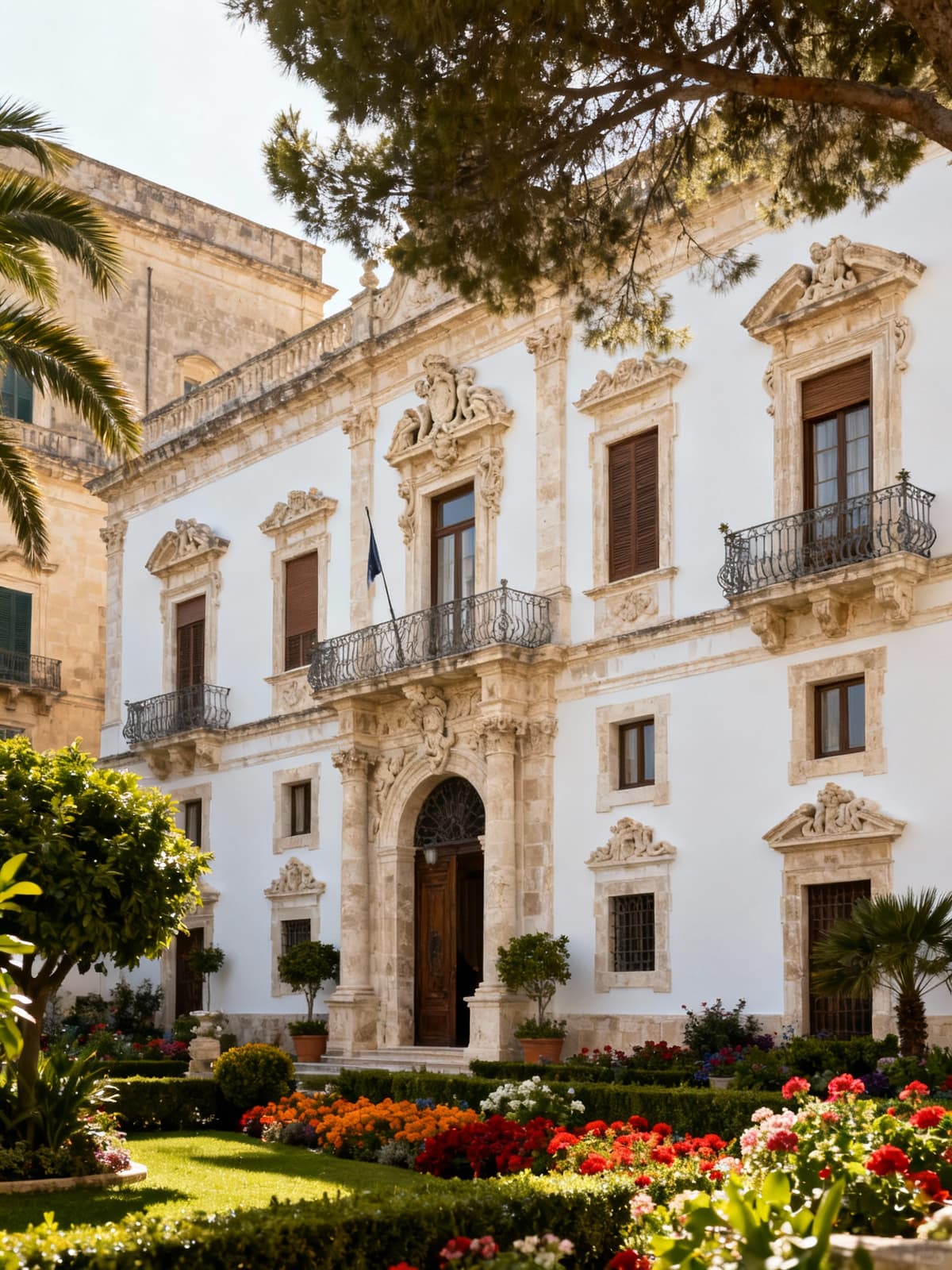 Historic buildings and noble residences in the baroque heart of Ragusa, showcasing white facades and sculpted stone details.