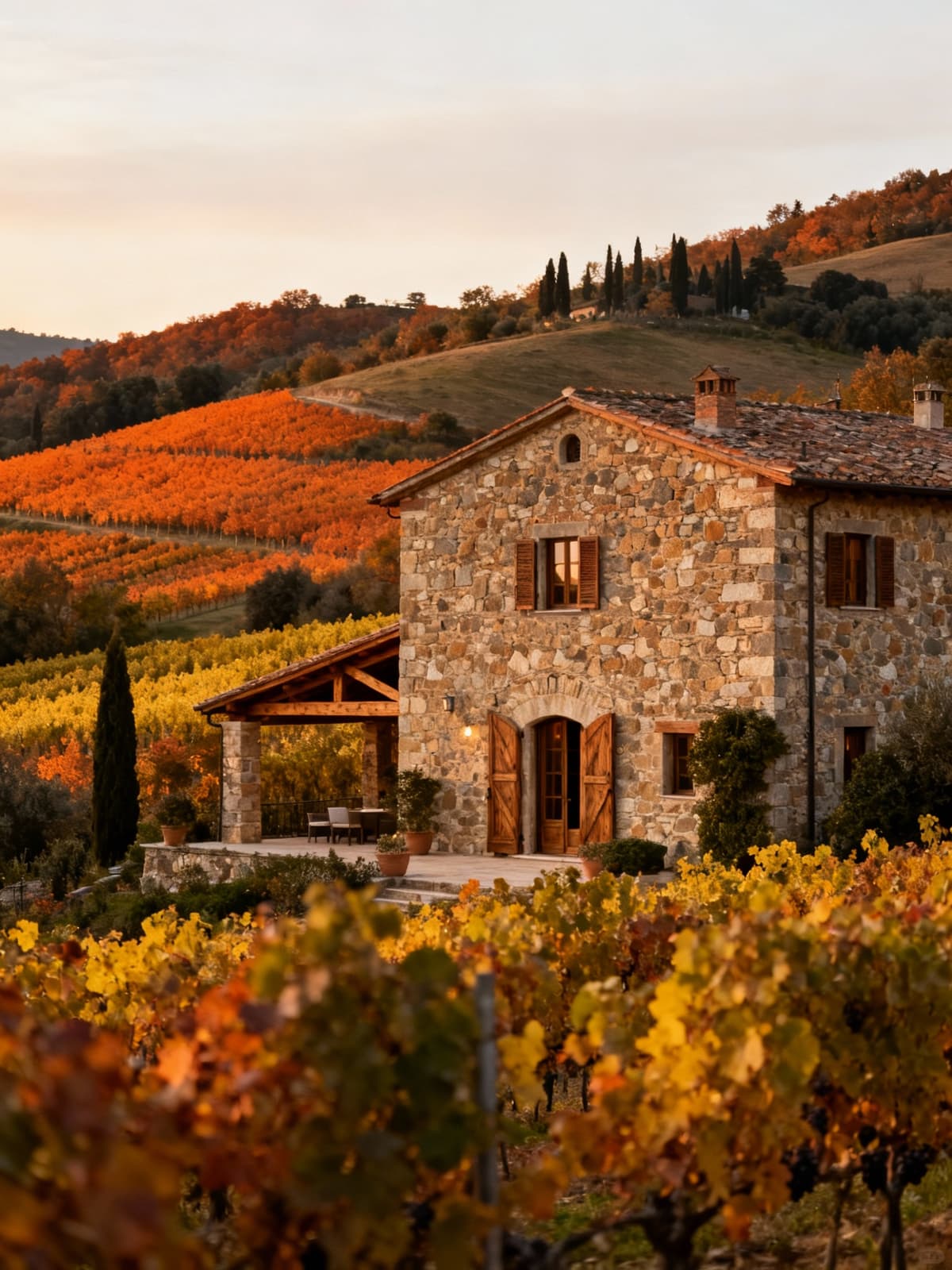Prestigious vineyard estate in Chianti, surrounded by autumn hills and lush grapevines, exuding luxury and tradition.