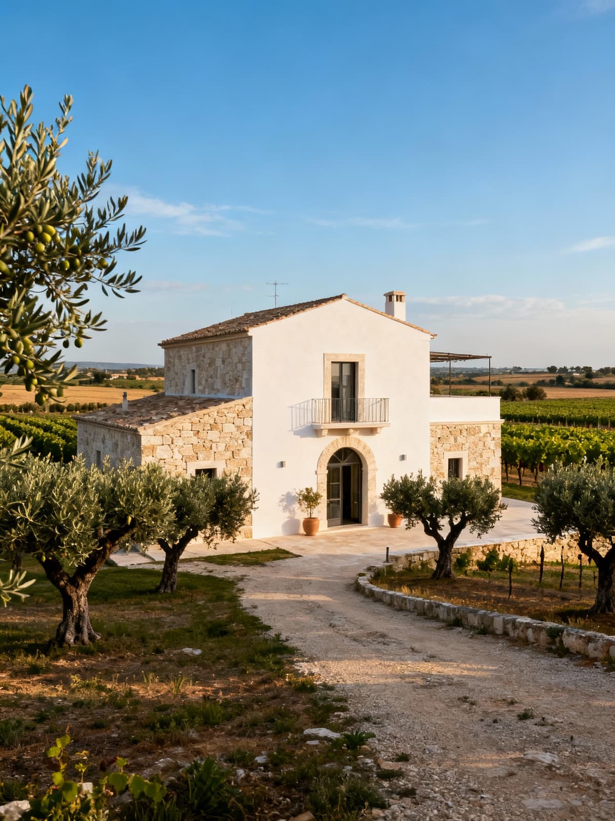 Luxury rustic homes surrounded by olive groves and vineyards in the picturesque Brindisi countryside, with a clear blue sky.