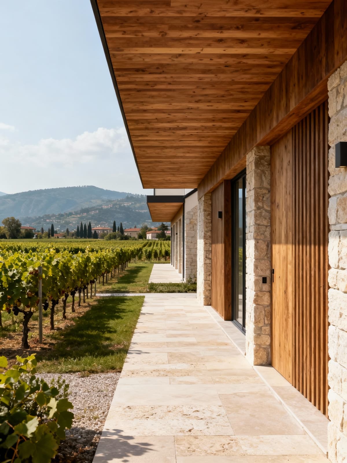 Elegant contemporary townhouse in Bolzano, surrounded by lush vineyards, showcasing natural materials and stunning views.