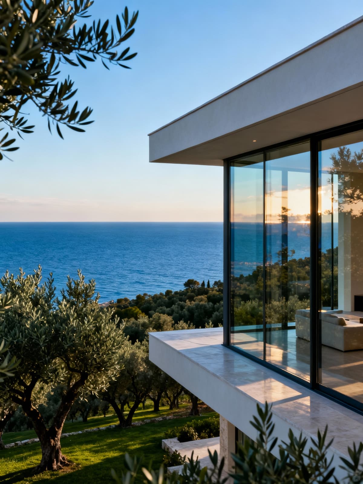 Villa esclusiva sulla costa adriatica delle Marche, immersa tra uliveti e mare blu, con ampie vetrate che riflettono la luce.