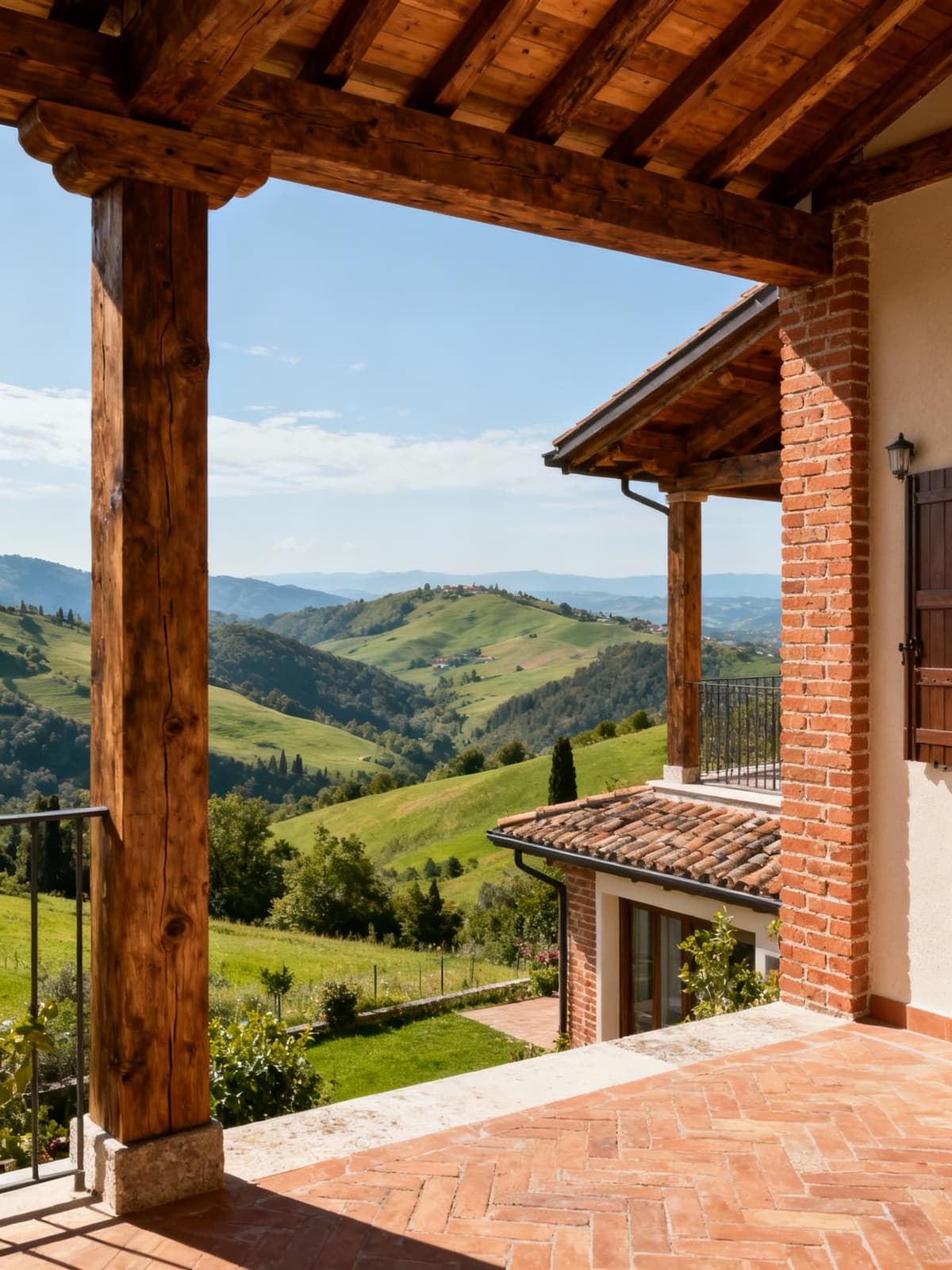 Ville rustiche e casali di charme nella campagna trentina, circondati da colline montane e dettagli in legno e mattoni.