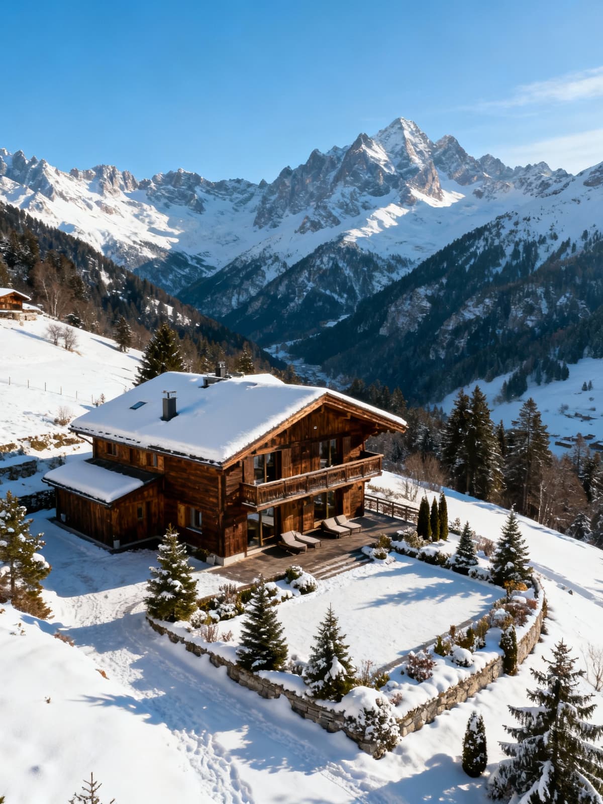 Chalet di lusso tra le maestose vette alpine, costruzioni in legno naturale immerse in un paesaggio innevato e tranquillo.