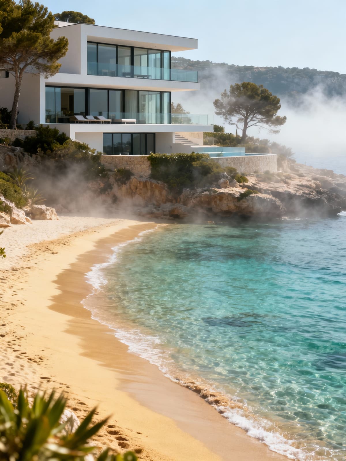 Ville di lusso nelle Isole Baleari, immerse in acque turchesi e spiagge sabbiose, eleganza architettonica senza tempo.
