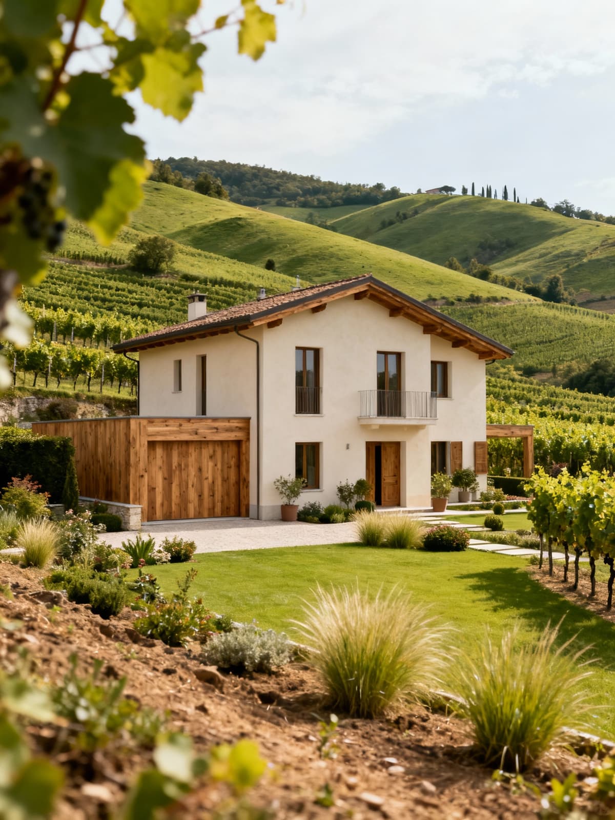 Prestigious semi-detached houses among Veneto vineyards, featuring natural materials and lush gardens, exuding exclusivity.