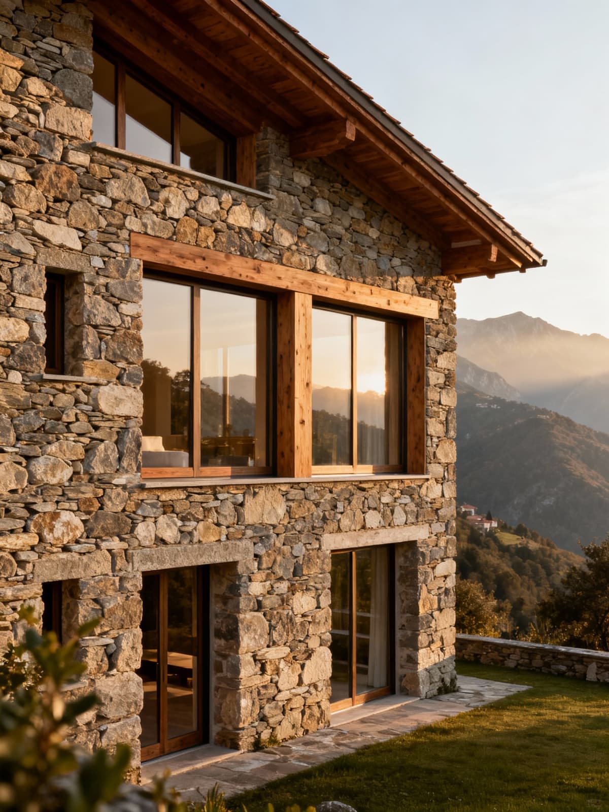 Residenze lussuose in pietra e legno tra monti e mare in Liguria, con ampie finestre e luce mattutina serena.