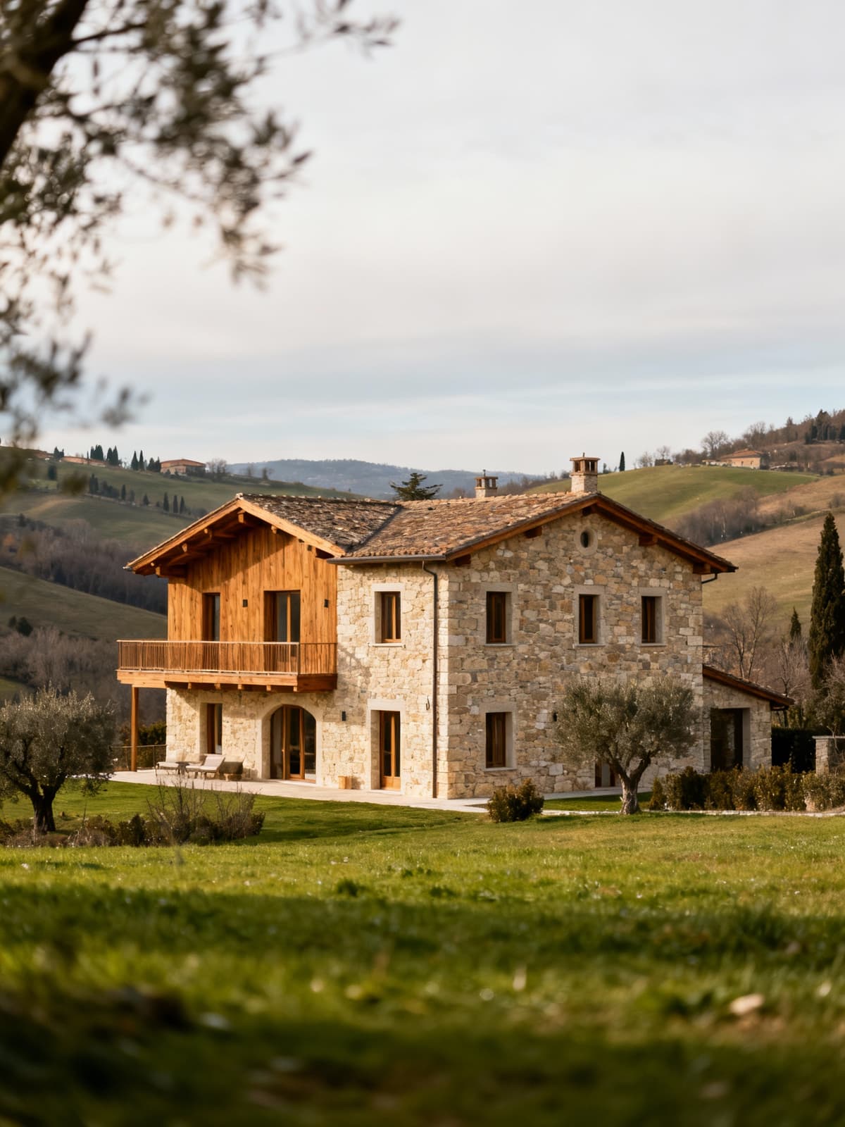 Vista di una villa di lusso tra le dolci colline marchigiane, con facciate in pietra e legno, immersa in una luce invernale.