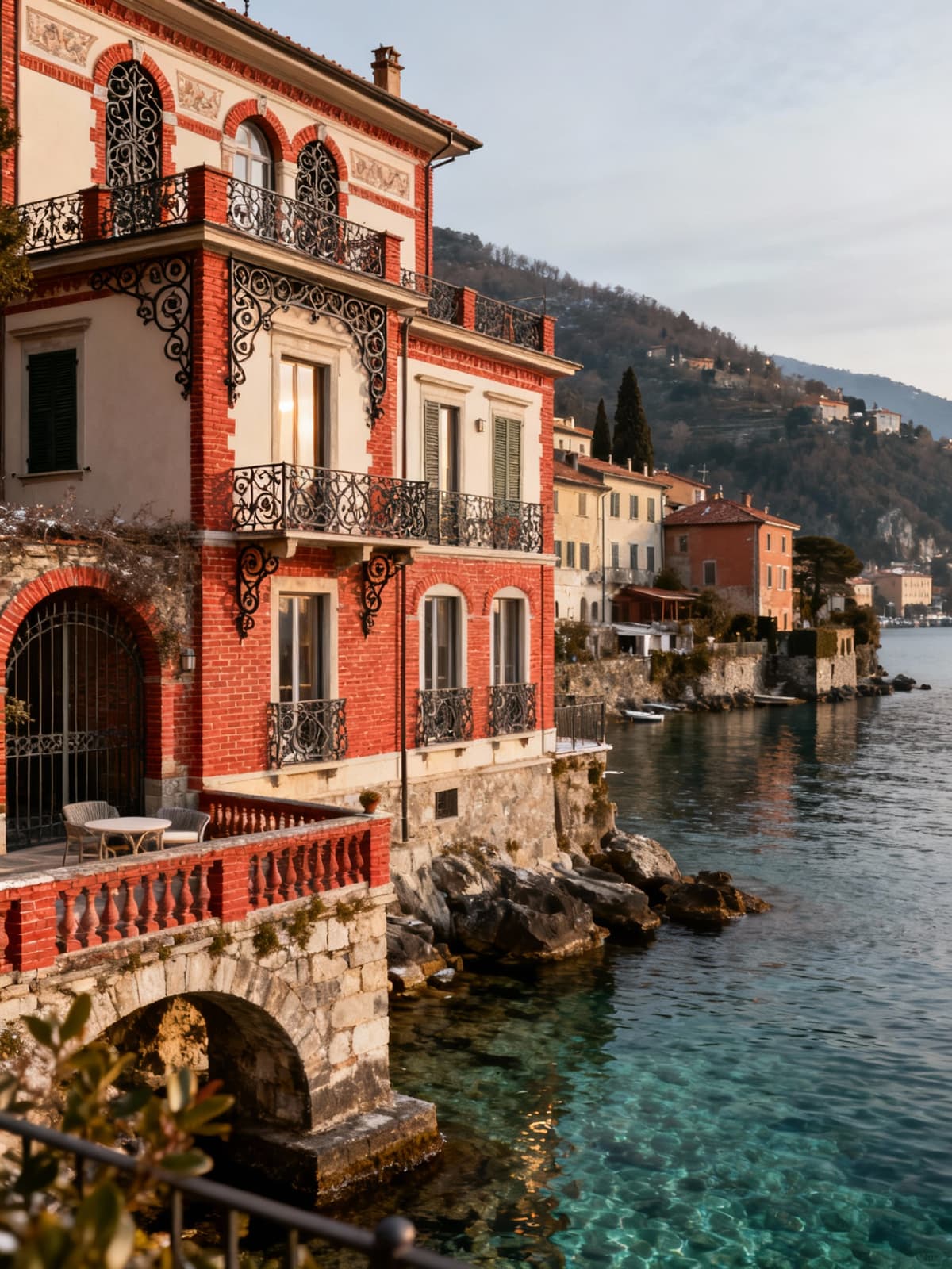 Eleganti ville a La Spezia con mattoni rossi e ferro battuto, immersi in un'atmosfera calda e accogliente.