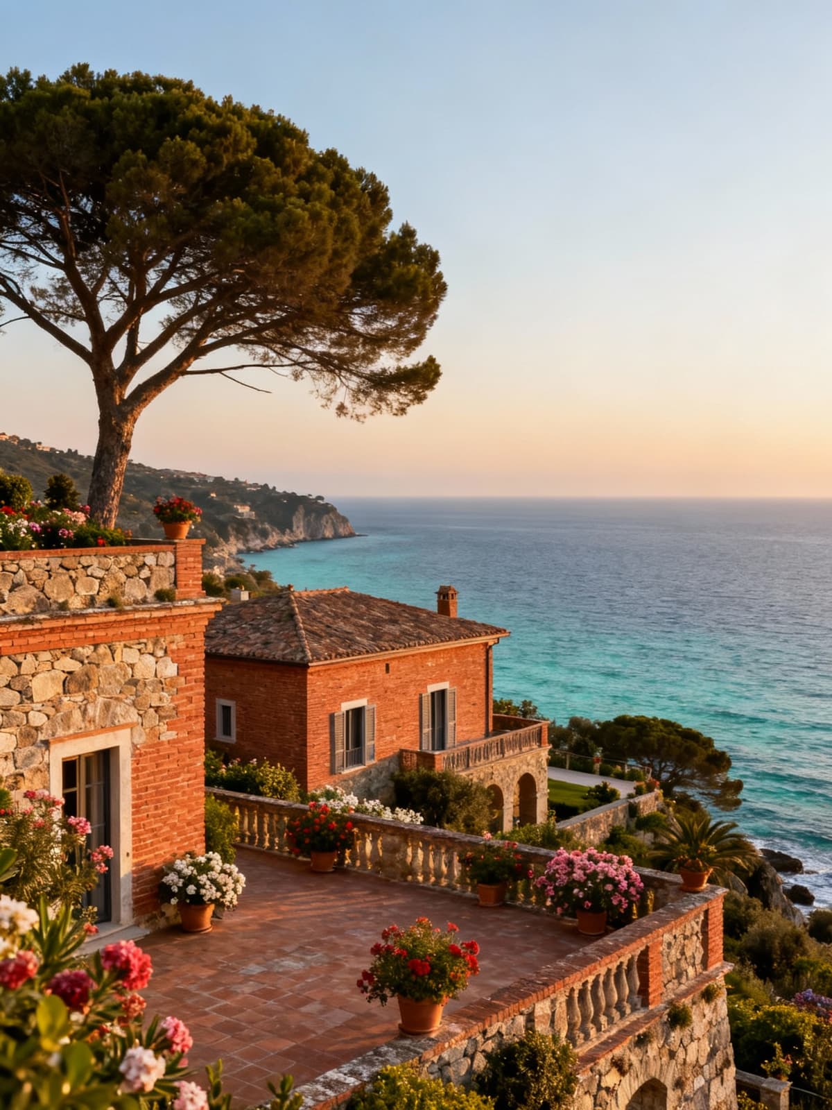 Ville esclusive sul litorale viterbese, con giardini fioriti e vista panoramica sul mare cristallino al tramonto.