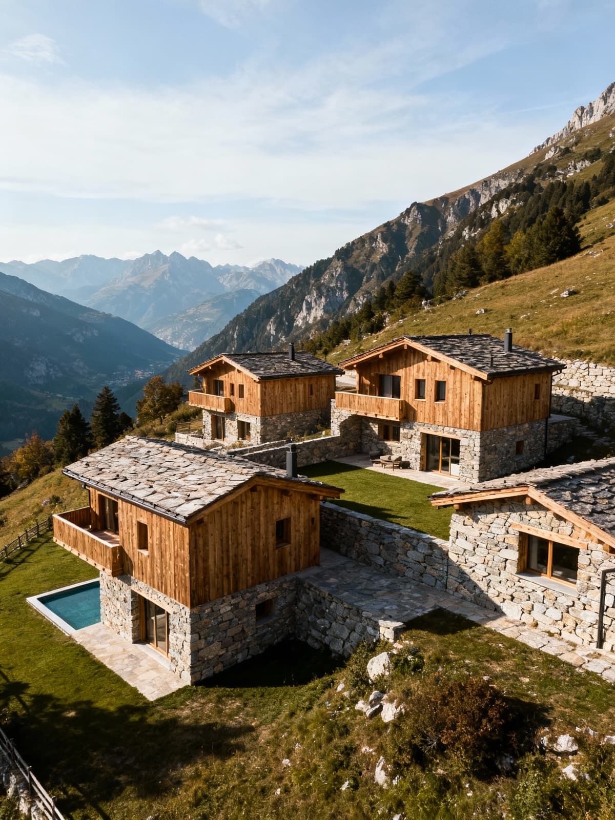 Residenze di lusso in legno e pietra tra le vette della montagna spezzina con panorami spettacolari e cieli sereni.