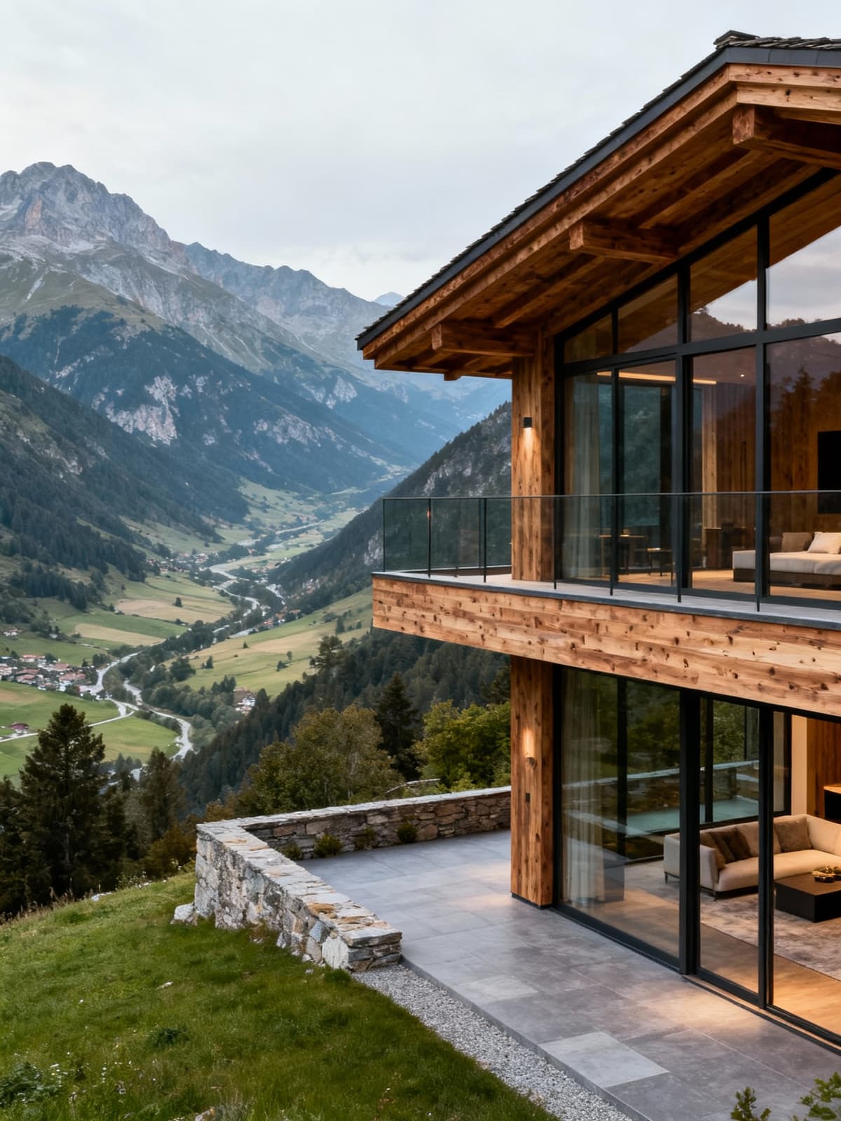 Residenza di lusso circondata dalle montagne dell'Alessandrino, con vista panoramica, legno e vetro eleganti.