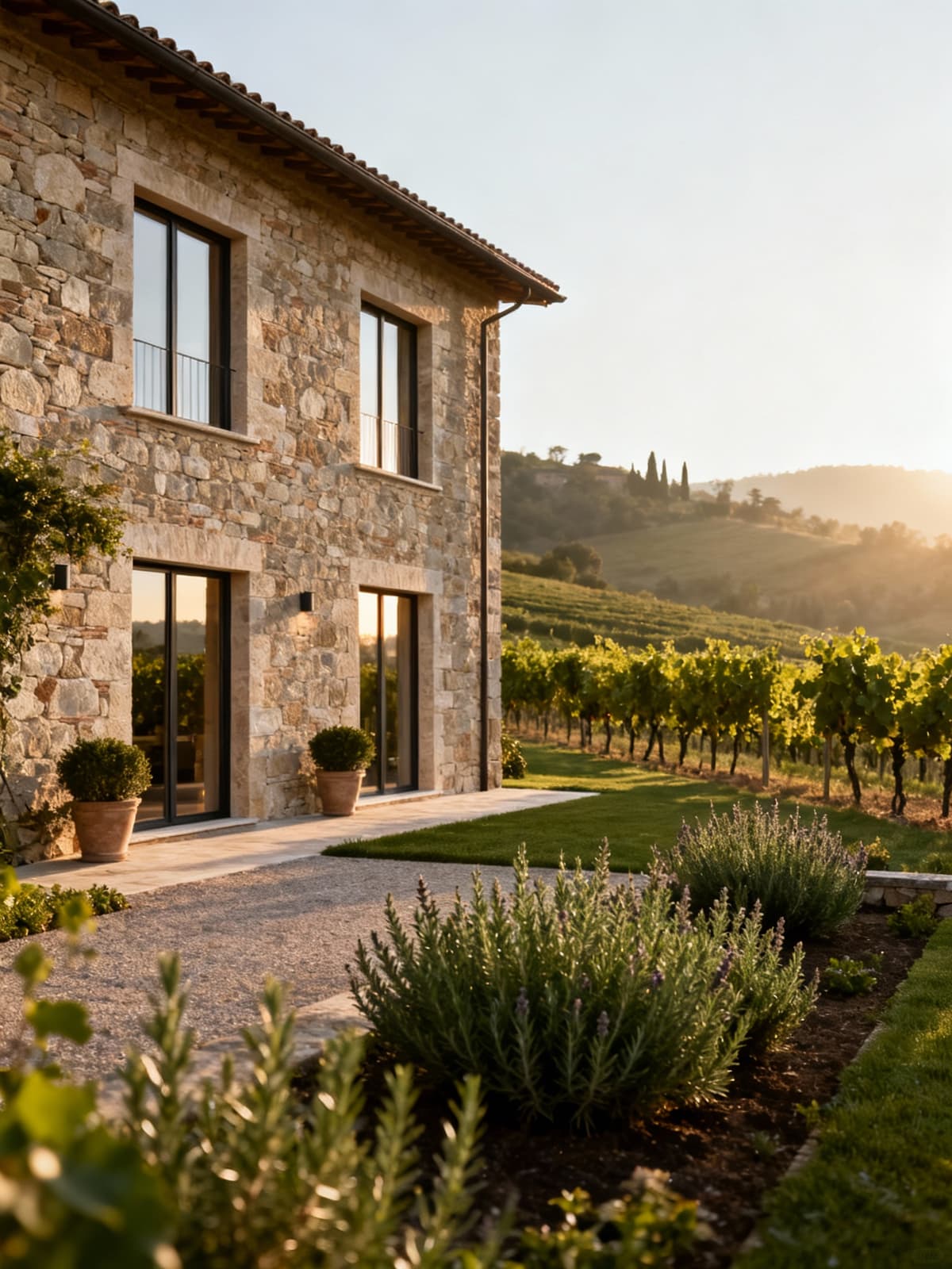 Exclusive property in Forlì-Cesena, featuring a stone facade, large windows, surrounded by vineyards and an aromatic garden.